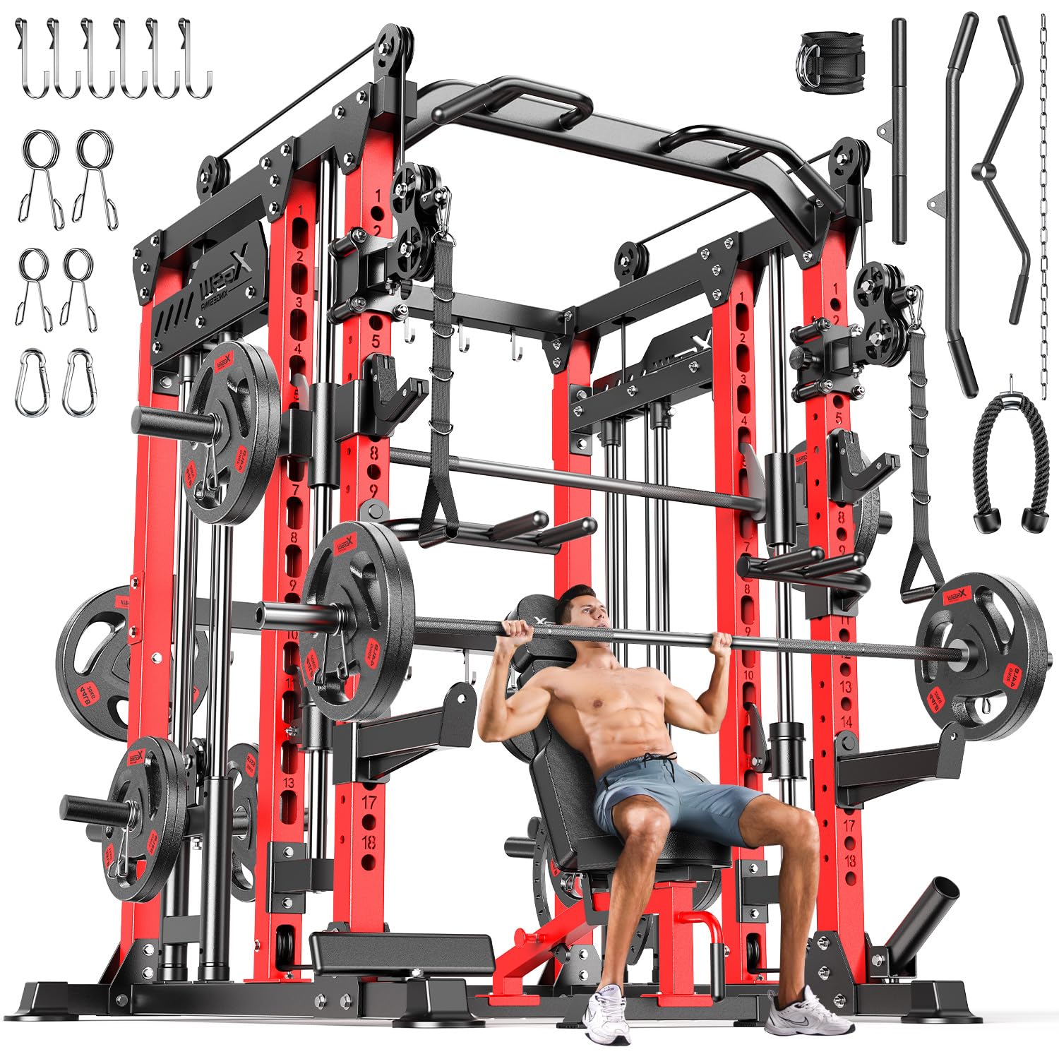 Smith Machine with Cable Crossover System, Multi-Function Power Cage Squat Rack for Home Gym, Power Rack and Packages Weight Sets.