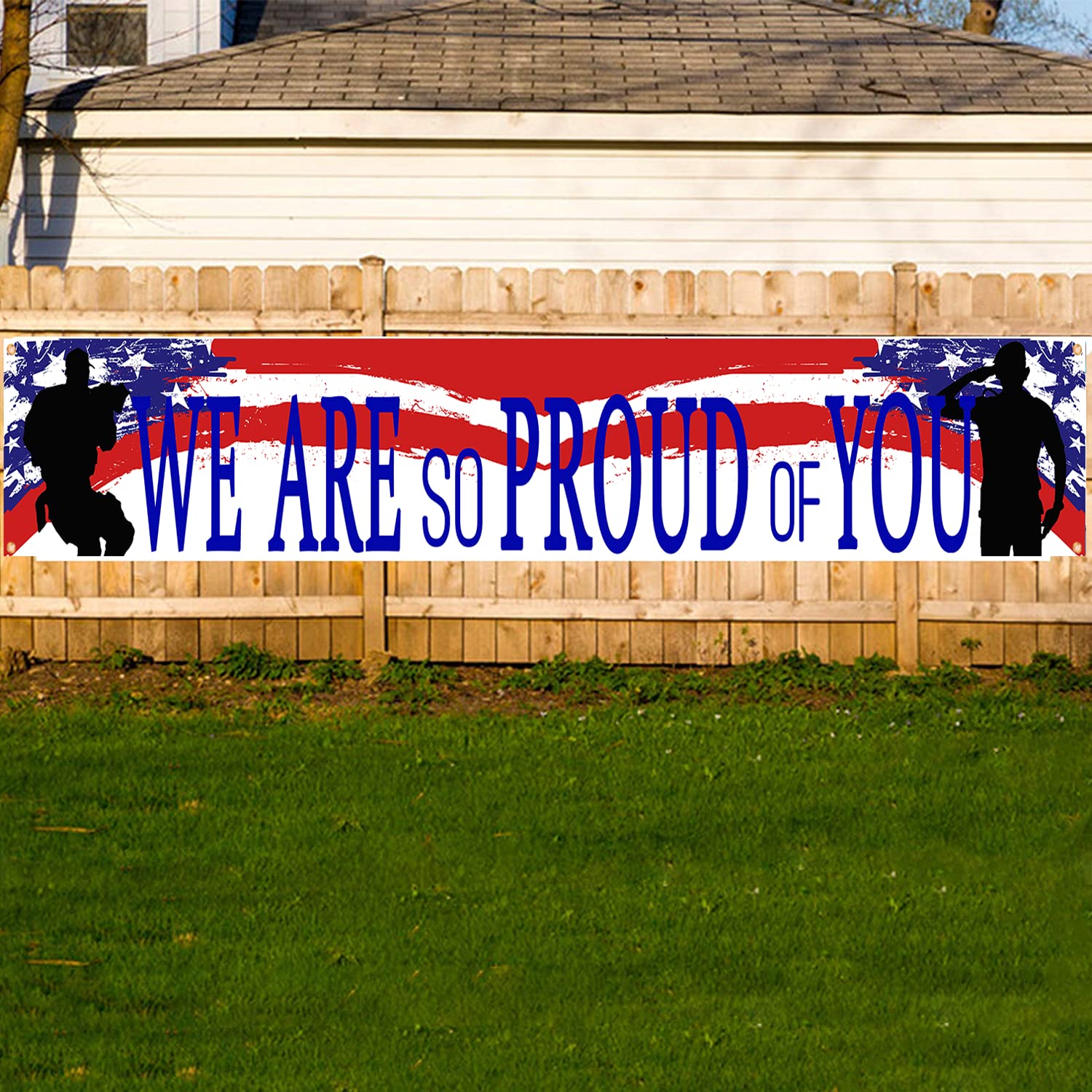 Military Backdrop Banner - We Are So Proud Of You Celebration Banner For Veterans & Service Members