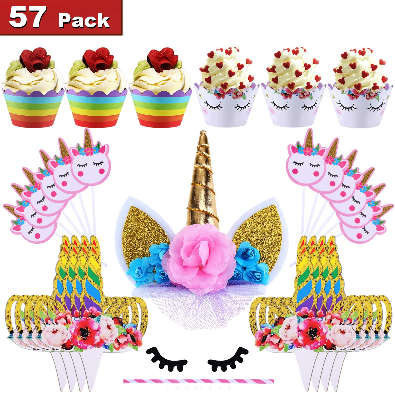 Buy Leinuosen Unicorn Cake Topper Set, Include 18 Pieces Double Sided Cupcake Wrappers, 36