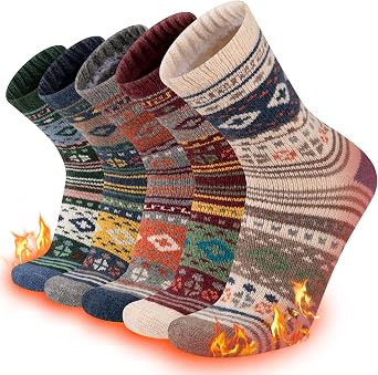 COOPLUS Warm Wool Socks Mens Winter Thermal Thick Crew Cold Weather Pattern Socks 5 Pairs