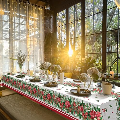 Miniatura 7 de 3 manteles de Navidad con diseño de flor de pascua con acebo, color rojo con diseño de bayas de acebo, desechables, manteles rectangulares de