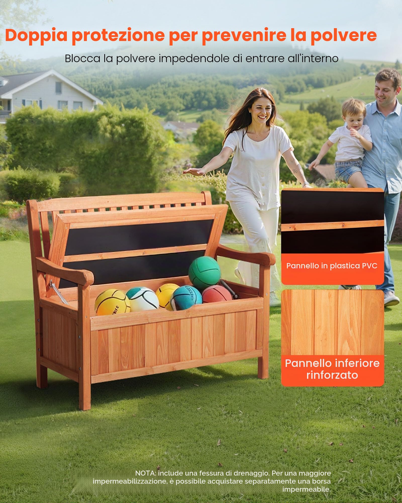 VEVOR Panca Portaoggetti da Esterno, in Legno di Cedro per 2 Persone, Panca Contenitore da 150 L con Maniglia, Supporta Fino a 319,8 kg, Seduta da Esterno, Decorazione per Veranda Terrazza Balcone