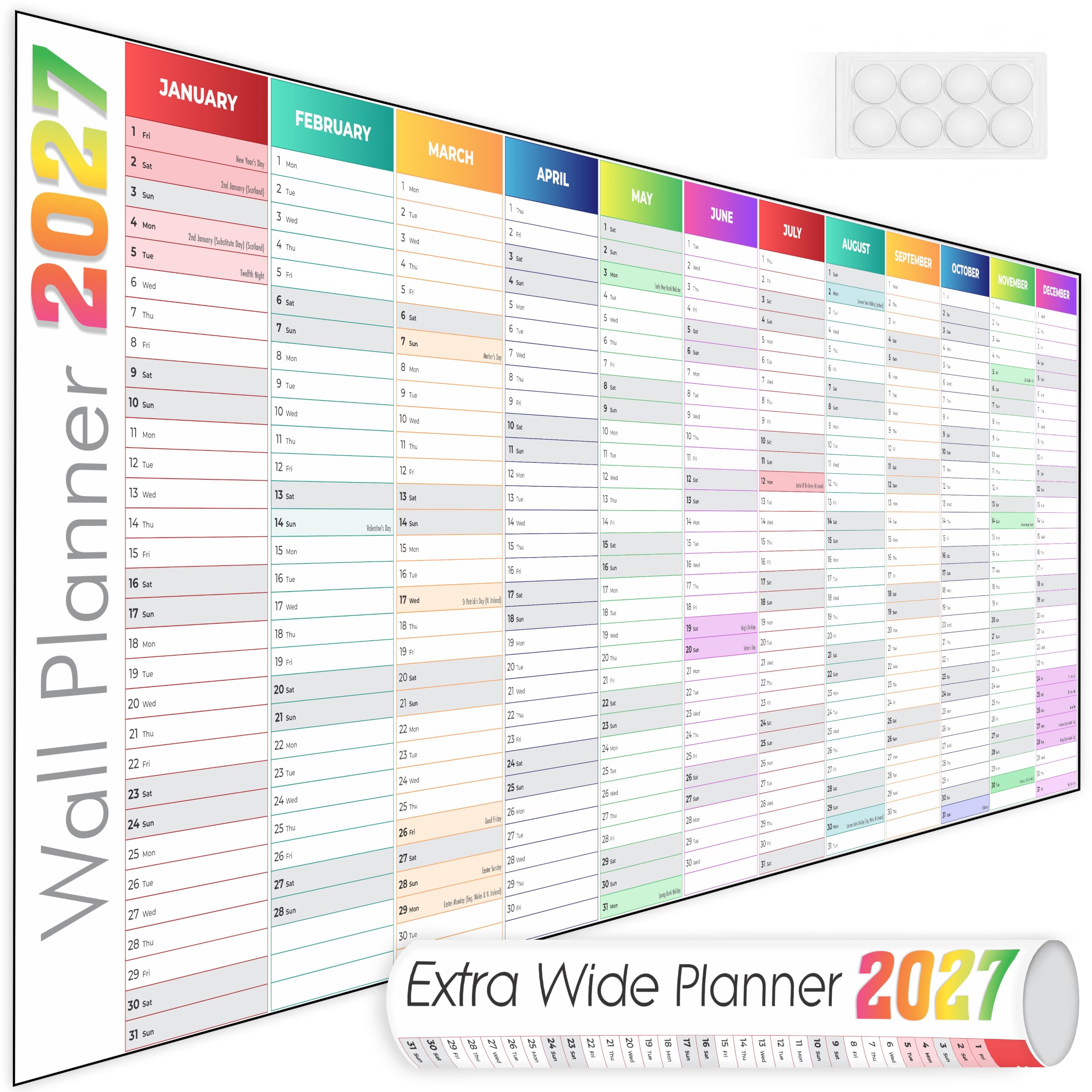Giftinghouse Wall Planner 2027 Extra Wide 120 x 42 cm Yearly Planner Wall Chart Extra Wide Layout Uncoated, Large Writing Space, UK Holidays, Folded Delivery, Home & Office Planning