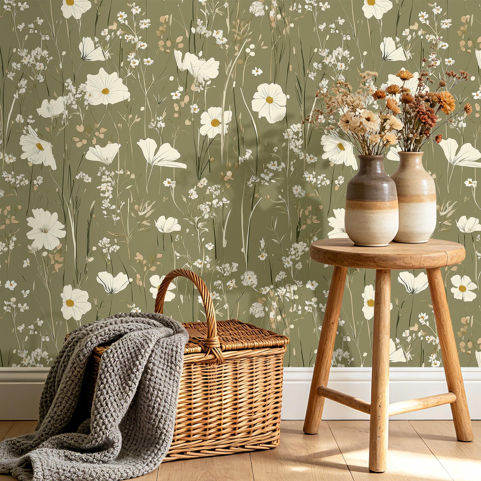 FunStick 44.5CMx9M Papel Pintado Pared Verde Flores Pequeñas Vintage Papel Pintado Autoadhesivo Muebles Cocina Armario Vinilo Adhesivo Verde Oliva Salón Vinilo Adhesivo Muebles Flores Pequeñas Hojas