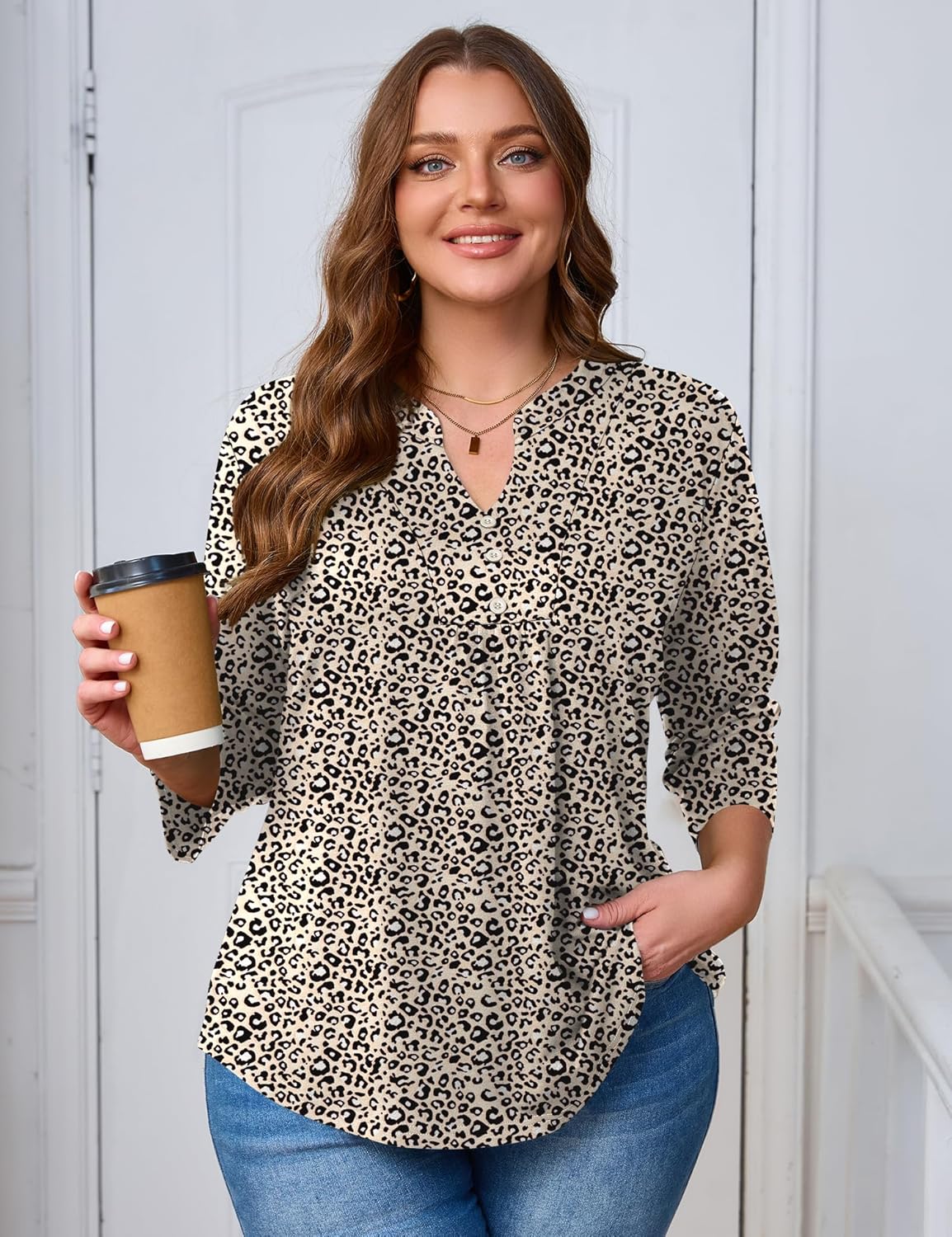 TFSDOD Women Shirts Plus Size 3/4 Sleeve Boho Tops Casual V Neck Dressy Blouses Flowy Business Loose Fit Work Tunics Tops - Image 4