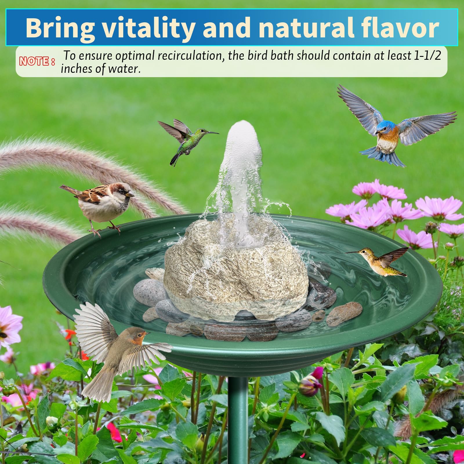 SAC SMARTEN ARTS - Fontana per uccelli per vasca da bagno per uccelli con pompa dell'acqua da 7,5 W, funzione acqua in granito resina, per giardino, patio, prato, colibrì, voliera, acquario e acquari