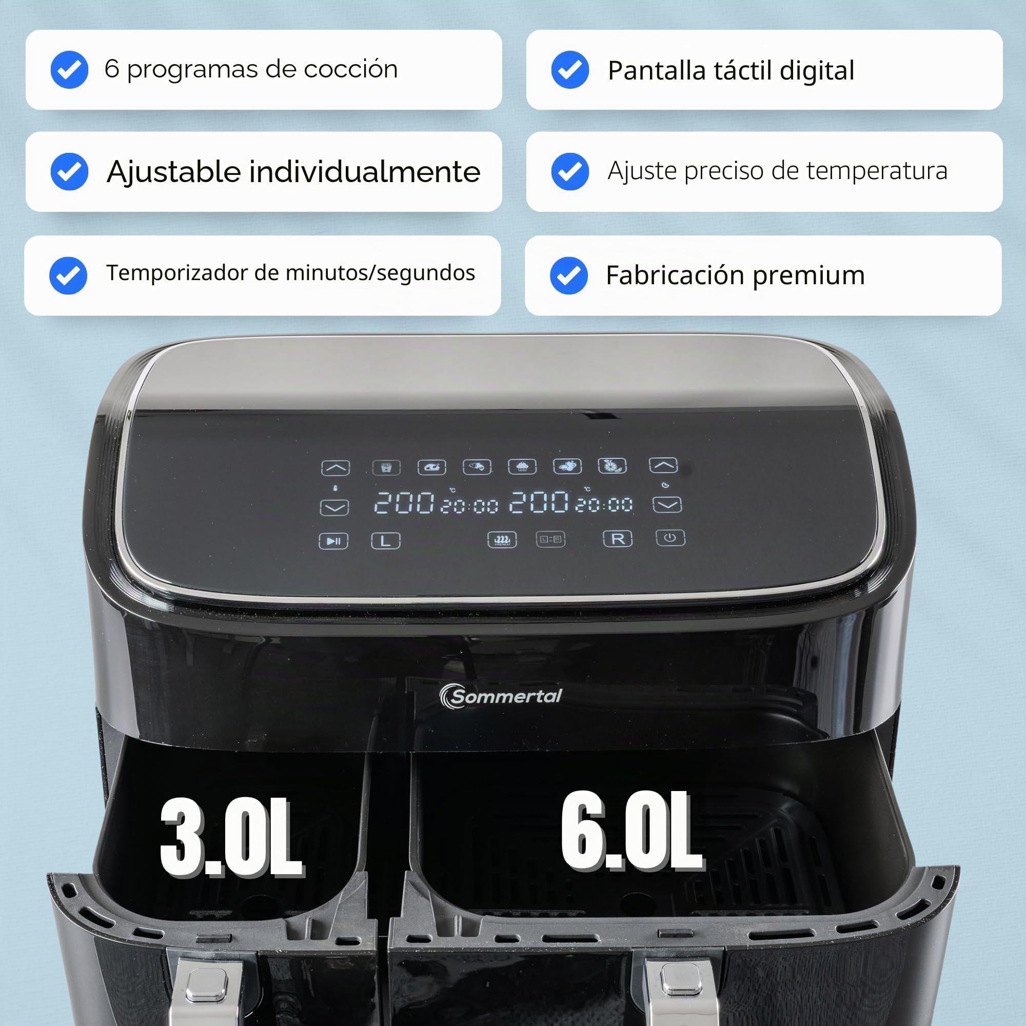 Sommertal HF DUAL 900 Freidora de Aire Doble de 9 litros, freidora de aire con 2 cestas, 2850 W, con función de puerta, sincronización, pantalla táctil, 6 programas, apta para lavavajillas, sin BPA
