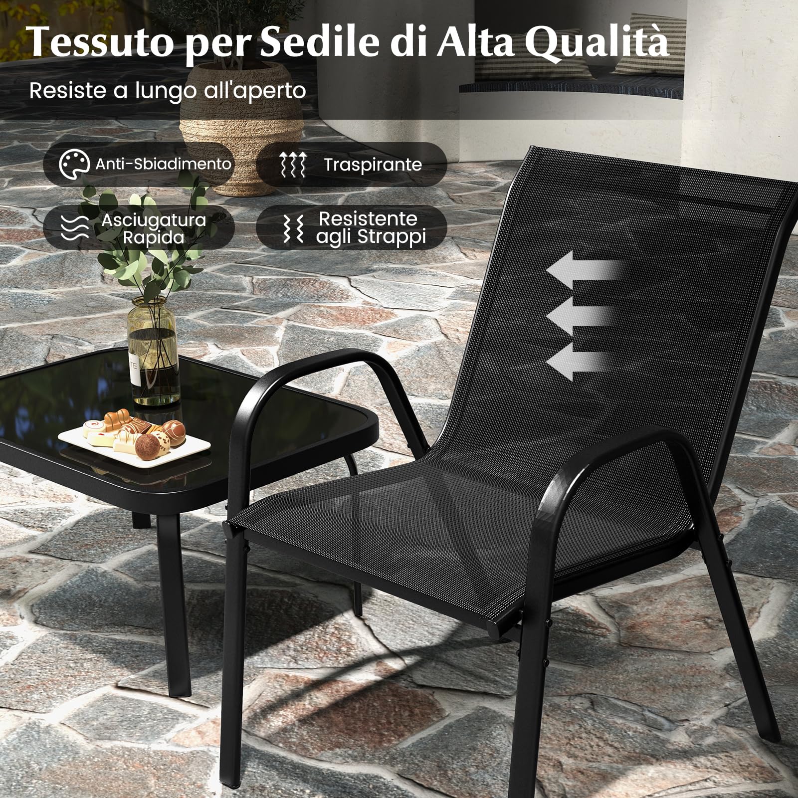 COSTWAY Set Tavolo e Poltrona da Giardino, Set di Mobili 4 Pezzi per Esterno, con Tavolino in Vetro Temperato, Panca e 2 Poltrone, per Giardino Balcone Piscina (Nero)