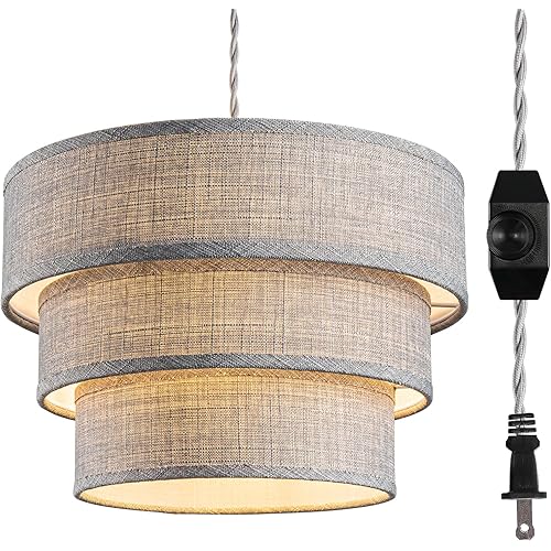 Plug in Pendant Light, Hanging Lamp with Dimmable Switch, Hanging Light Fixtures with 15 Ft Cord, Swag Light with Grey Fabric Shade for Bedroom, Kitchen, Living Room, Dining Table