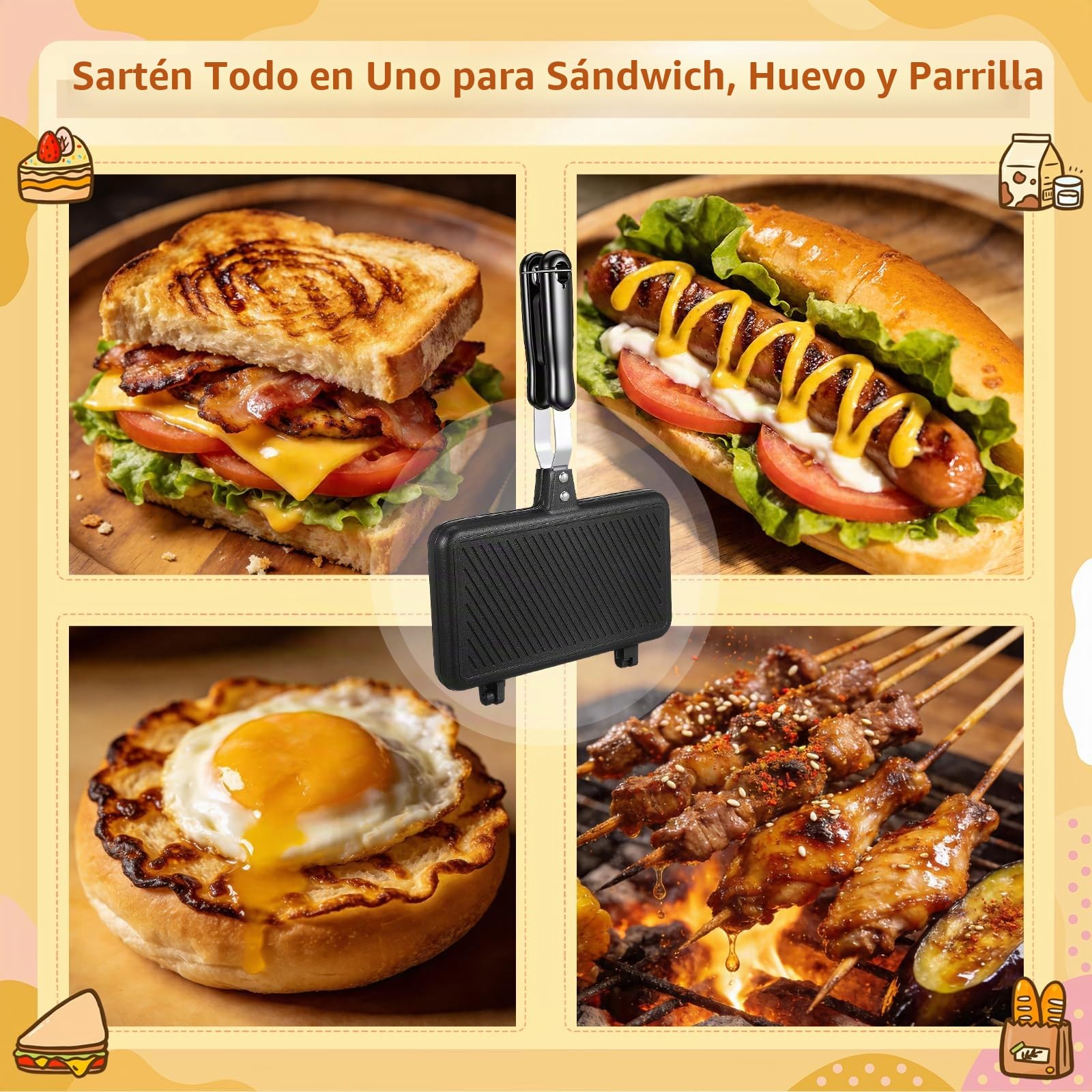 DOITOOL Toaster Xl Sandwich Maker Doble Cara Sartén Aluminio Tortilla Bandejas Pan Hornear Sartén Antideslizante Sartén Hogar Utensilios de Cocina para Sandwich Negro Tostadas Maker