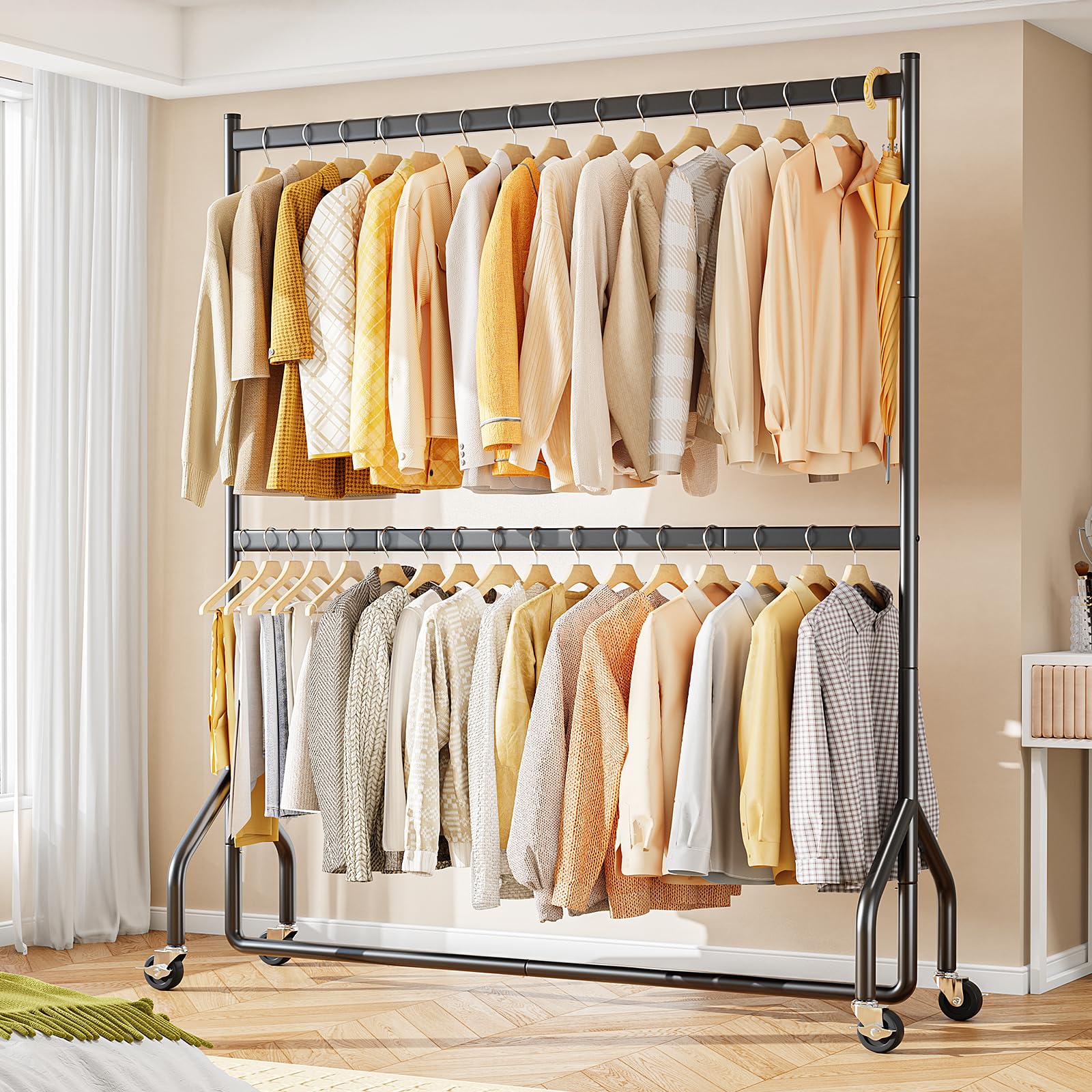 HOKEEPER Portavestiti Doppio Resistente a Carichi Pesanti con Grande Capacità, Organizzer di Armadio con Ruote per Boutiques, Camera da Letto, Lavanderia - 180cm