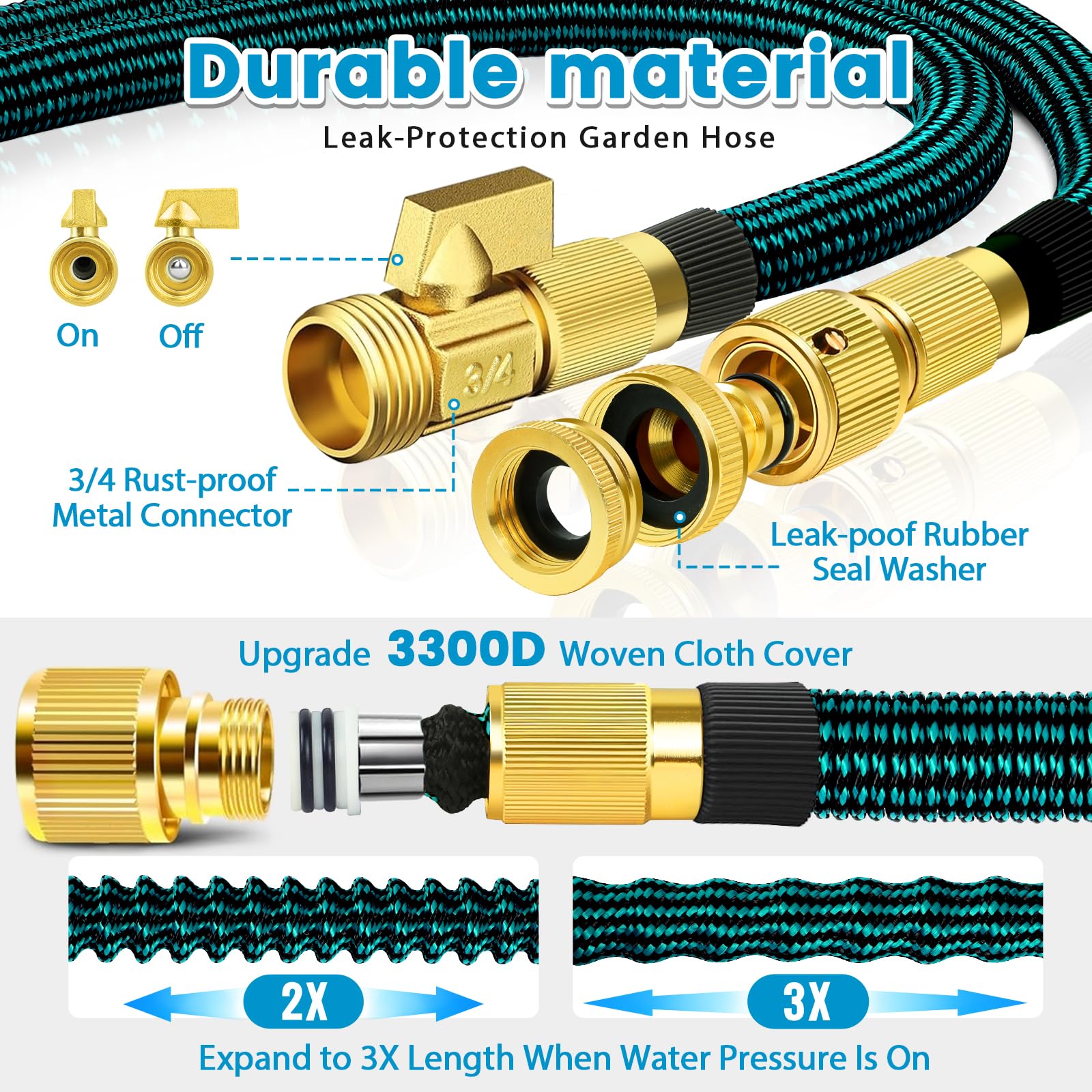 Viosmut Expandable Garden Hose Pipe 15m 50ft, Retractable Hosepipes for Garden with 10 Functions Spray Gun, Expanding Magic Water Hose Attachments 3/4"&1/2" Brass Connectors, Flexible Hose Anti-Kink - 3