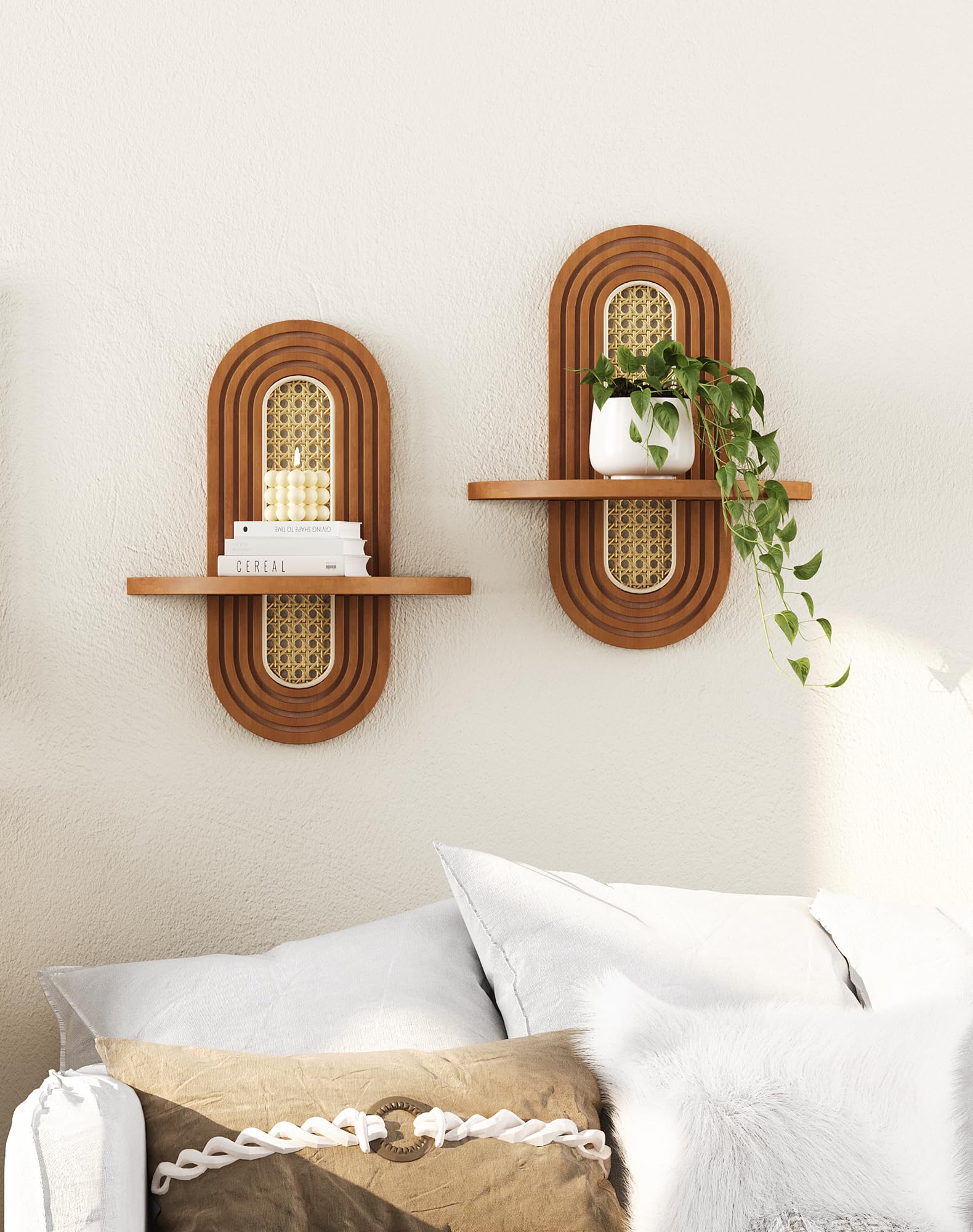 Boho Floating Shelves - Rattan & Wood Decor -8