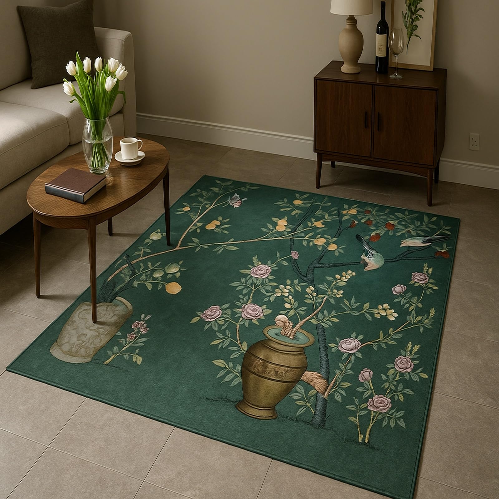 Tapis de salon rose vintage 120x160 cm à poils courts antidérapant et lavable