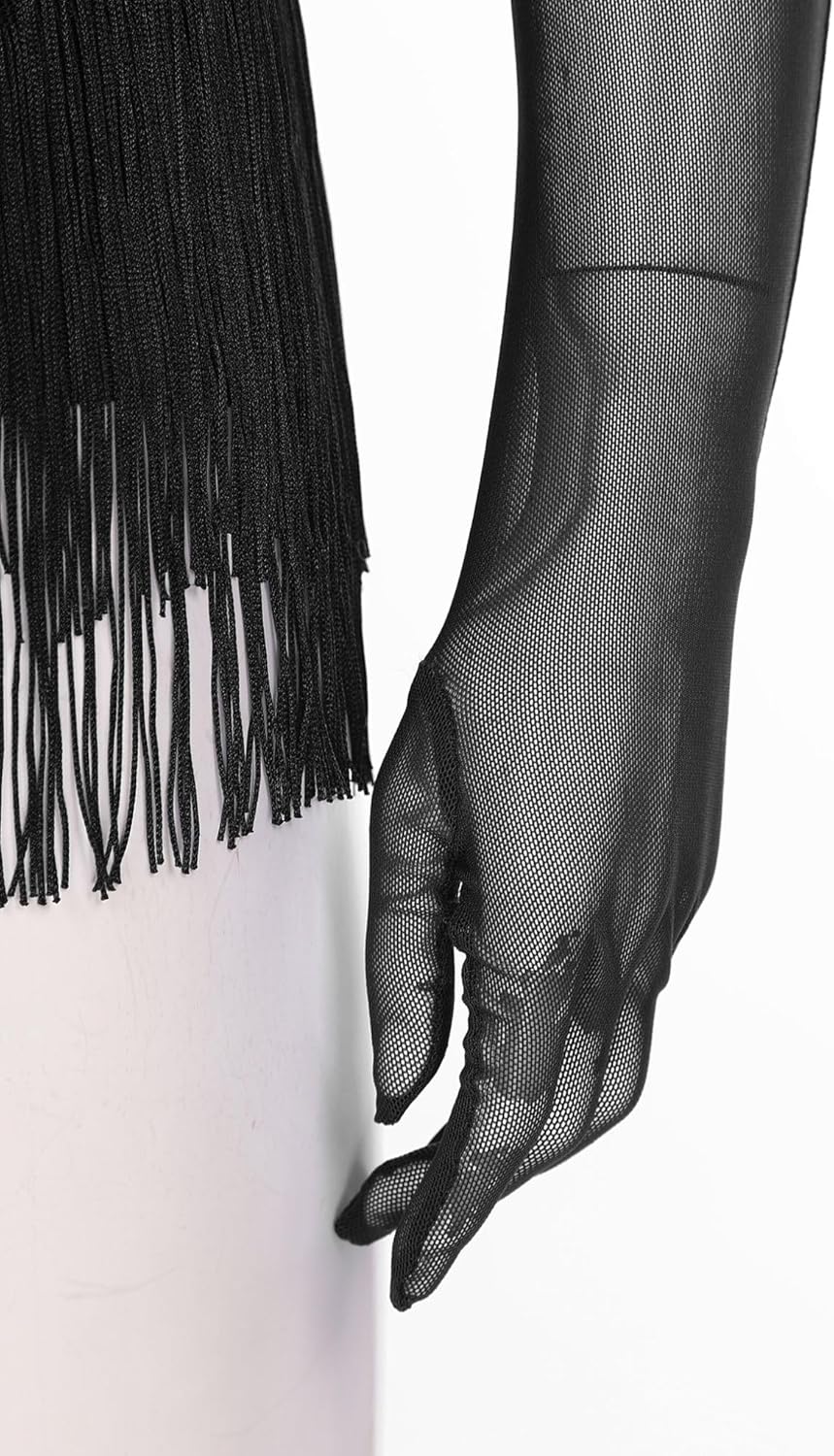 FEESHOW Women's Rhinestones Ruched Bodysuit Tassel Tango Rumba Salsa Latin Dance Leotard with Gloves