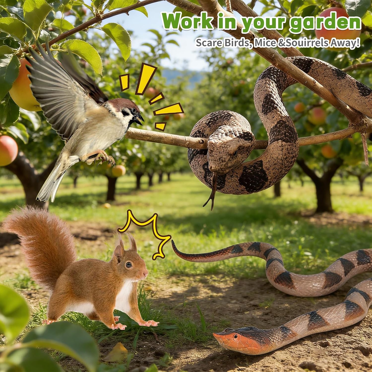 2 Pack Rubber Snakes Fake Snake Rattlesnake, Snakes Toy Realistic Keep Birds Away, Garden Plastic Scare Birds Scare Squirrels for Prank Stuff or Halloween Decorations Props Scare Toy thumbnail
