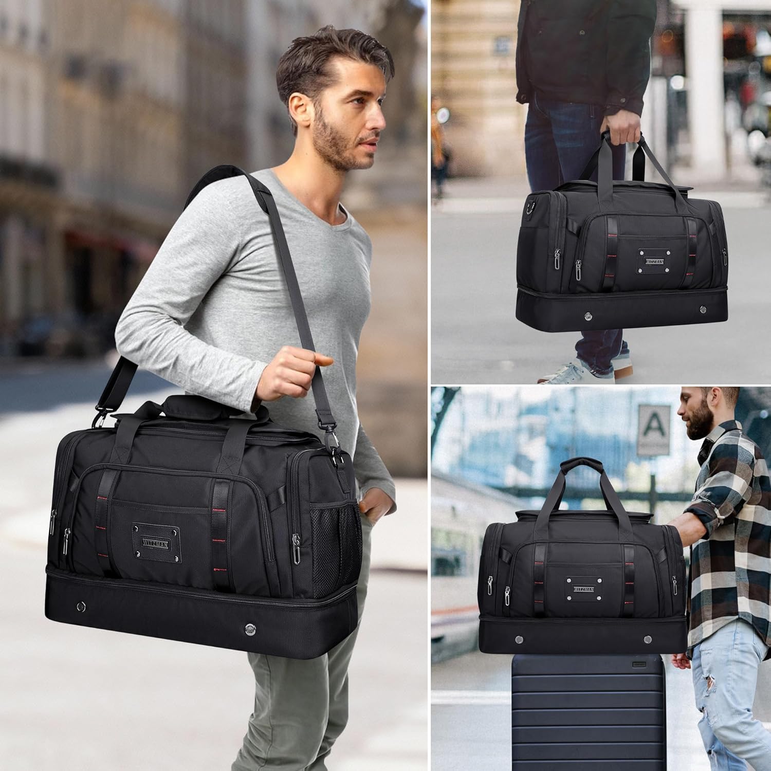 WITZMAN Travel Duffle Bag for Men 55L Large Carry-on Overnight Weekend Bags with Shoe Compartment Duffel Bag for Airplane(B720 Black) - Image 2