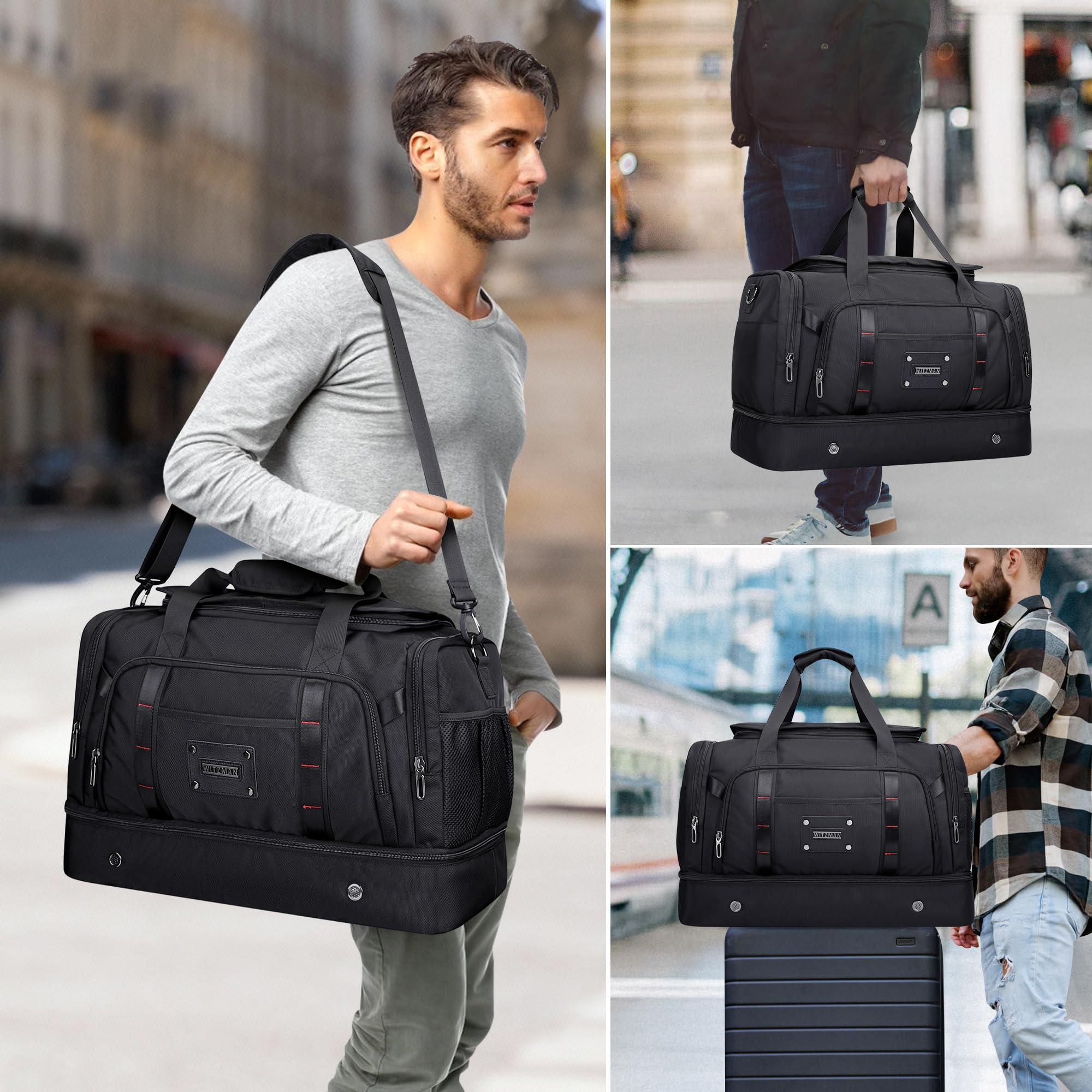 WITZMAN Nylon Reisetasche Herren 55L Weekender Sporttasche mit Schuhfach | Mehrere Taschen mit Nassfach, Konvertierbar, Große Kapazität, Eine für Reisen, Sport, Sauna, Training, B720 Schwarz