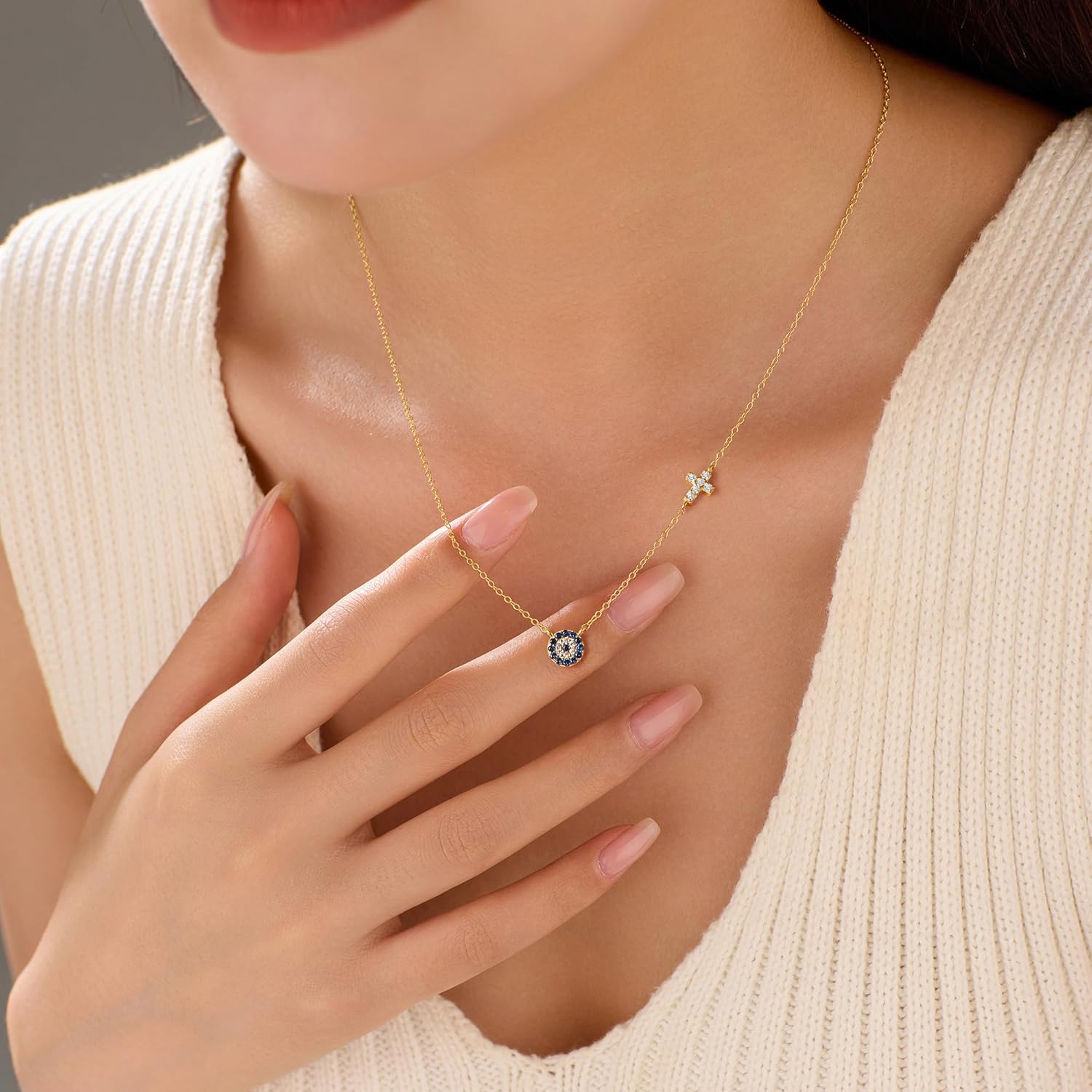 SUYACS Gold Evil Eye Necklaces for Women 925 Sterling Silver Small Cross Pendant Necklace Blue Cubic Zirconia Eye Charm Chain Christian Baptism Religious Faith Jewelry Christmas Gifts for Mom - Image 2