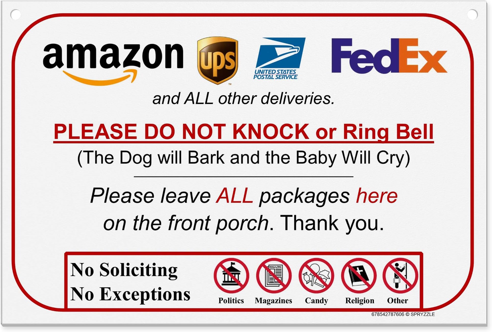 SPRYZZLE Leave Package Sign - Do Not Knock or Ring DoorBell (Dog Will Bark & Baby Will Cry - Hang Sign)