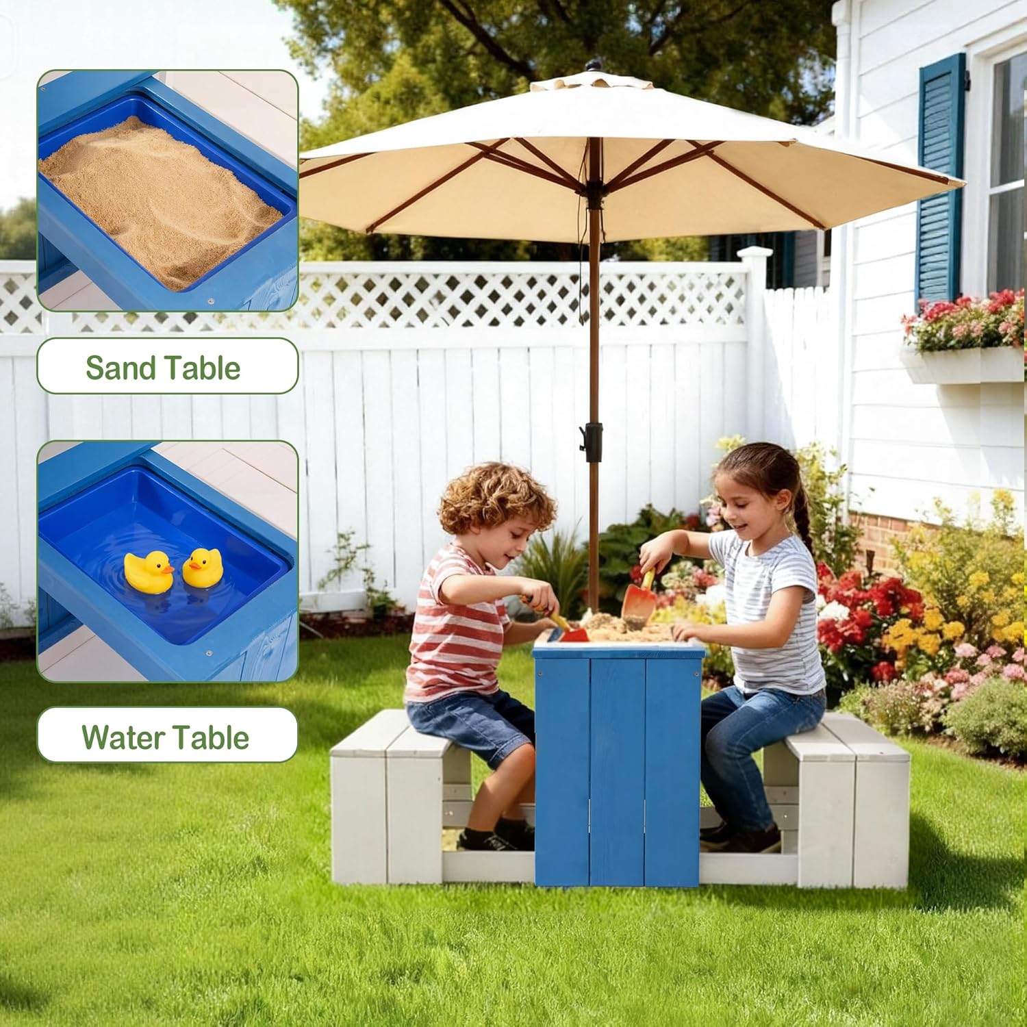 Wooden Kids Playhouse, Outdoor Sand Water Table Chair Set, Play Kitchen, Half Door Windows, Toddler Playhouse and Toys Playset for Backyard Play (Bule with White)