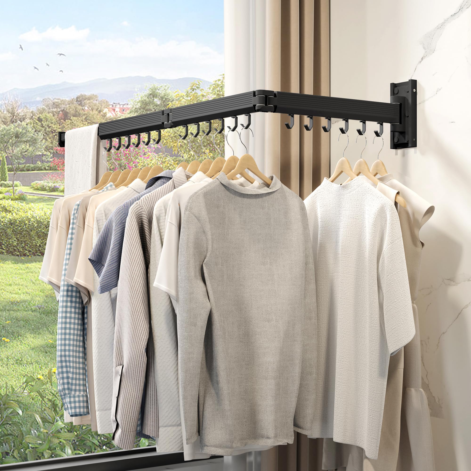 Étendoir Linge Mural rétractable & Pliable, étendoir Mural intérieur Gain de Place, séchoir à Linge Mural en Aluminium pour Balcon, Salle de Bain & buanderie, avec Crochets Noirs