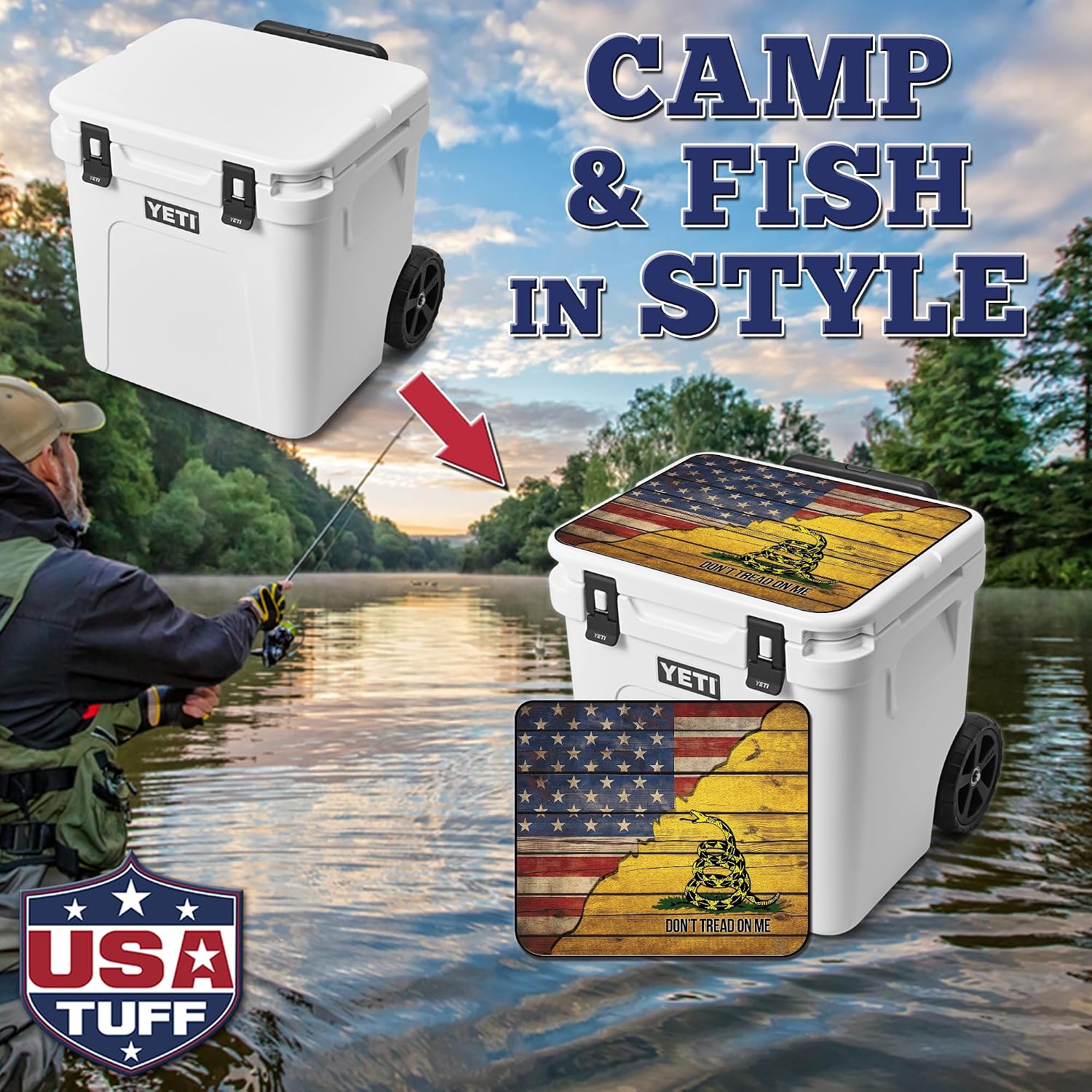 USATuff Vinyl Cooler Lid Kit Compatible with YETI | Easy Peel & Stick Application Cooler Skin Decal Wrap | Made for Outdoor Use - Gadsden Don't Tread Split