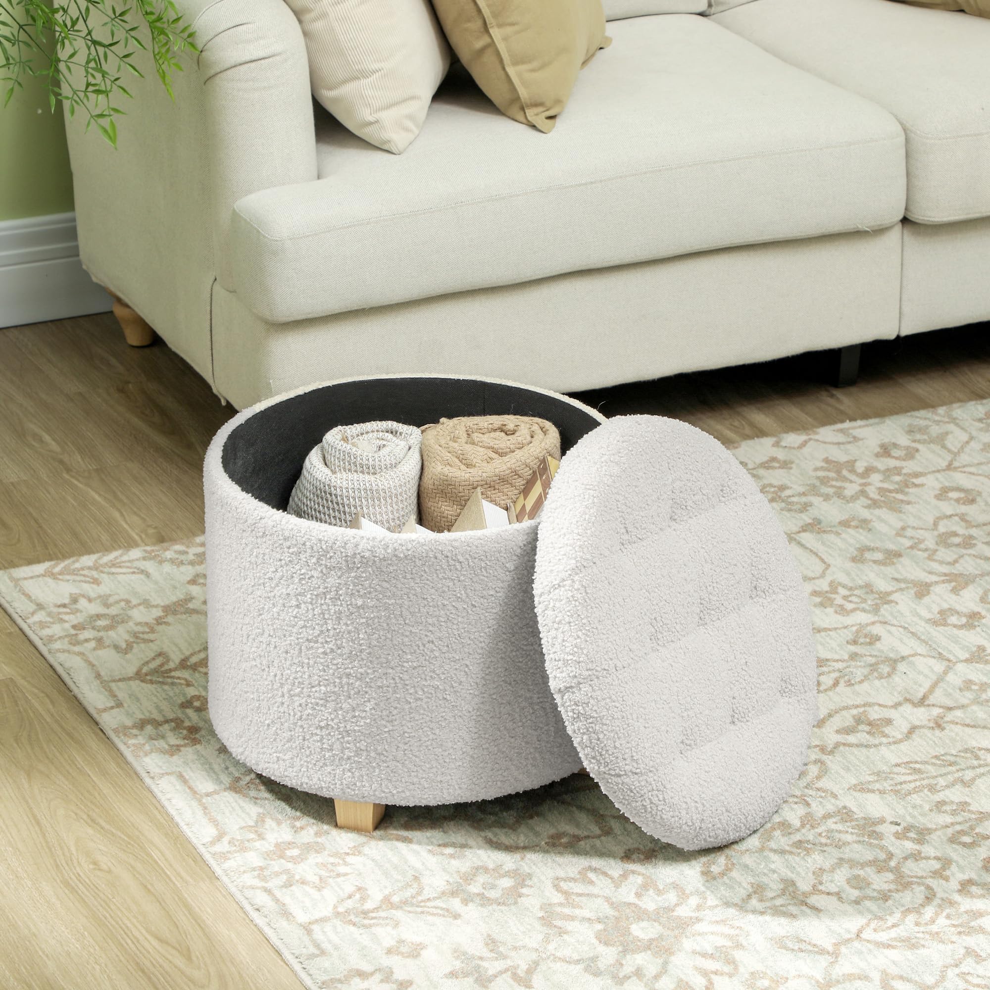 HOMCOM Pouf Coffre Rangement, Tabouret Rond, Pouf Repose-Pieds en Tissu Bouclette, pour la Chambre à Coucher, entrée, Salon, Charge 120 Kg, Ø 45 x 41 cm, Blanc