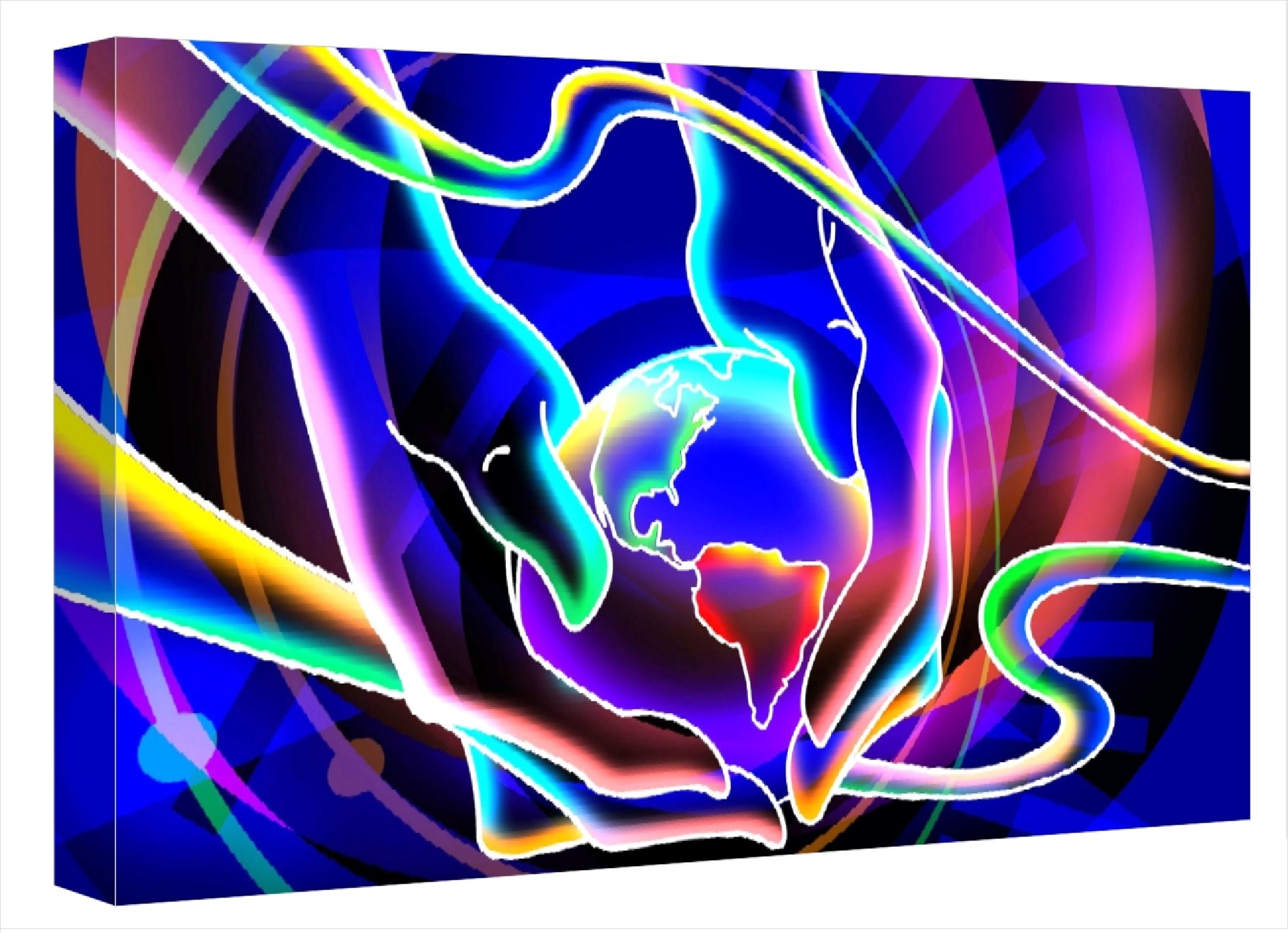 Tableau avec lumière Le Monde en tes Mains, œuvre multicolore inspirante de 120x80 cm