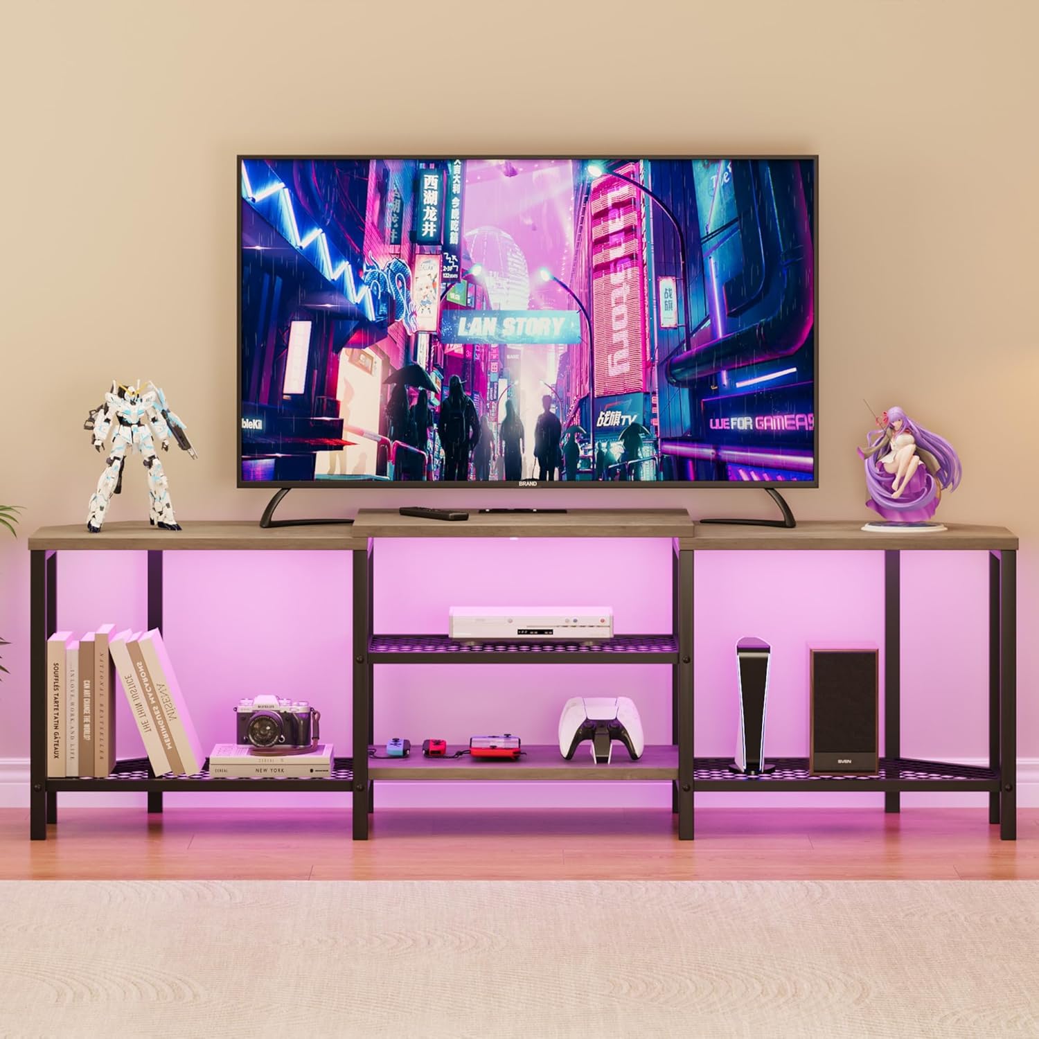 GAOMON TV Stand for TVs up to 75 Inch, Corner Entertainment Center with Power Outlet and LED Lights Open Storage Shelves, Media Console for Living Room, Bedroom, Grey