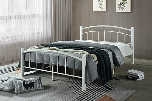 Miniatura 2 de HODEDAH Cama completa de plataforma de metal blanco con cabecero y estribo en tamaño Queen