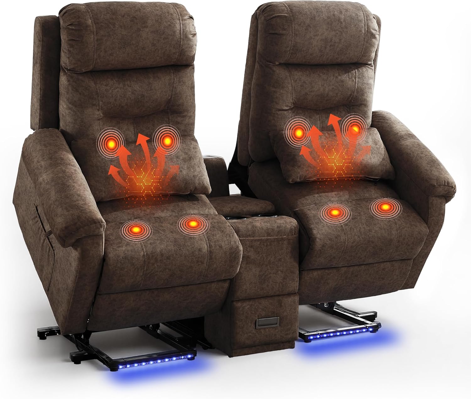 BINGTOO Dual Power Lift Reclining Chair for Elderly with Vibration Massage and Lumbar Heating, Electric Loveseat with Console, LED Lights, USB-C Ports and Cup Holders (Brown)