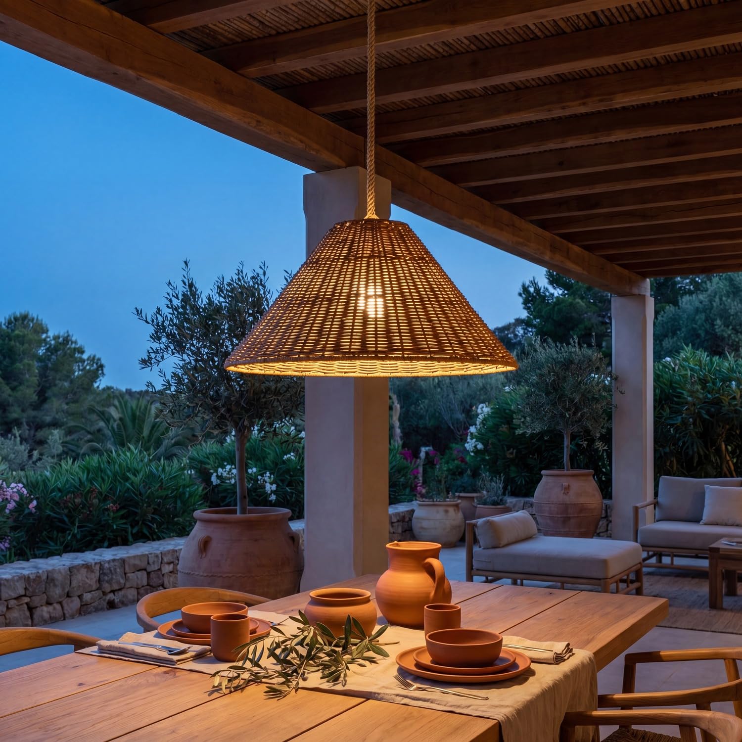 Licht-Erlebnisse LED Pendelleuchte außen ohne Netzstrom wechselbares LED Modul dimmbar Fernbedienung 2700 K IP54 Boho Hängelampe Außenleuchte Terrasse Balkon