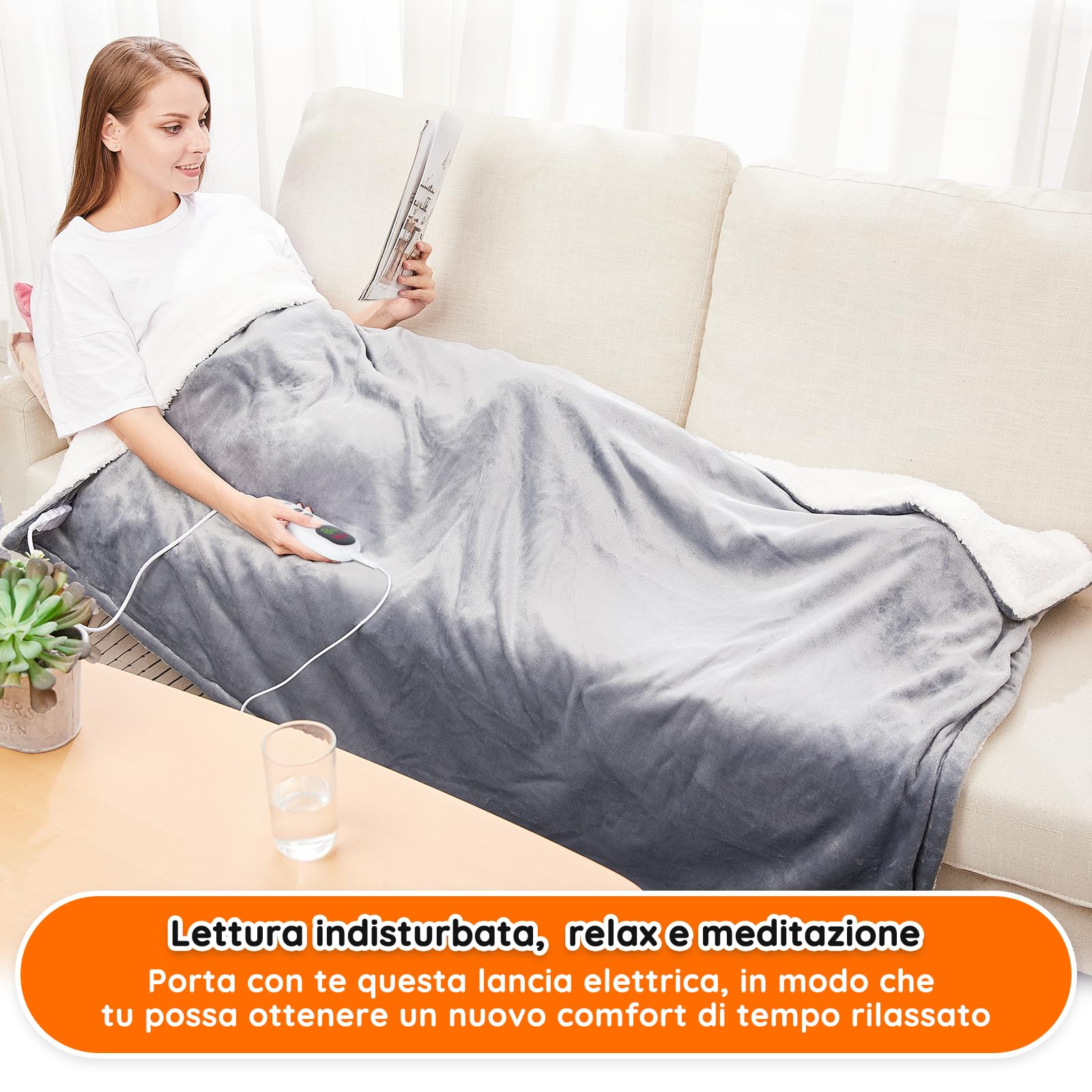 Mia&Coco Coperta Elettrica Termica Riscaldata, Lavabile in Lavatrice, con Telecomando Digitale, Flanella Sherpa 130x160 cm, 10 livelli e 1~9 ore di spegnimento automatico, lavabile in lavatrice