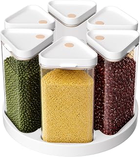 6-Grid Rotating Grain Storage Bins & Pantry Food Organizer | 6-Grid Vacuum- Dry Food Canister Set for Cereal, Grain, , Rice, Snacks, Coffee Beans, Kitchen Countertop Storage