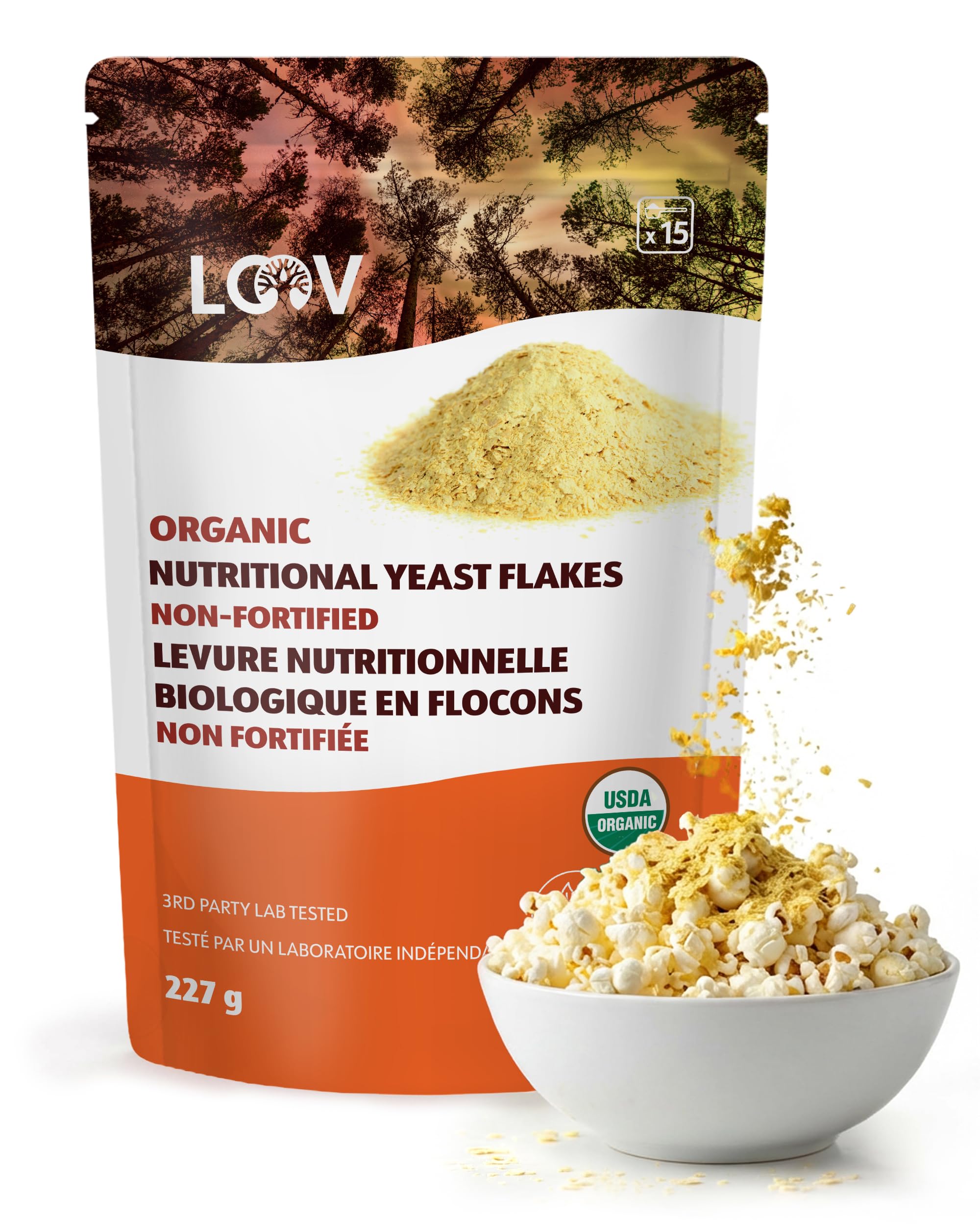 LOOV Organic Non-Fortified Nutritional Yeast Flakes - Vegan, Gluten Free, Non-GMO Unfortified Nooch - Good Source of Natural B-Vitamins - No Added Salt or Sugar - Resealable Bag, 227 Grams (8 ounces)