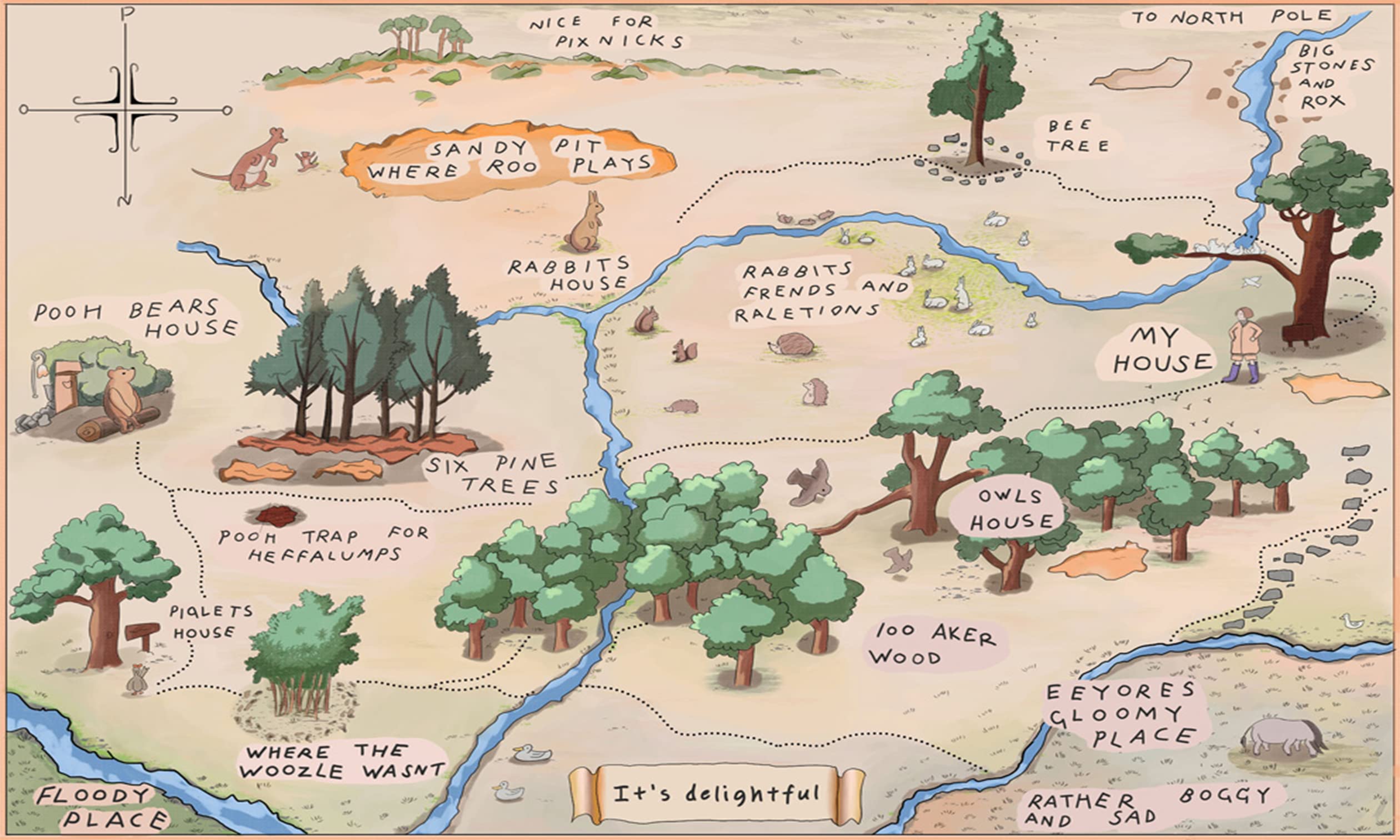 5x3FT 100 Acre Forest Map Backdrop Treasure Map Baby Bath Decoration Girl Birthday Party Backdrop Cartoon Map Kangaroo Bear Cow Studio Photo Backdrop D-94