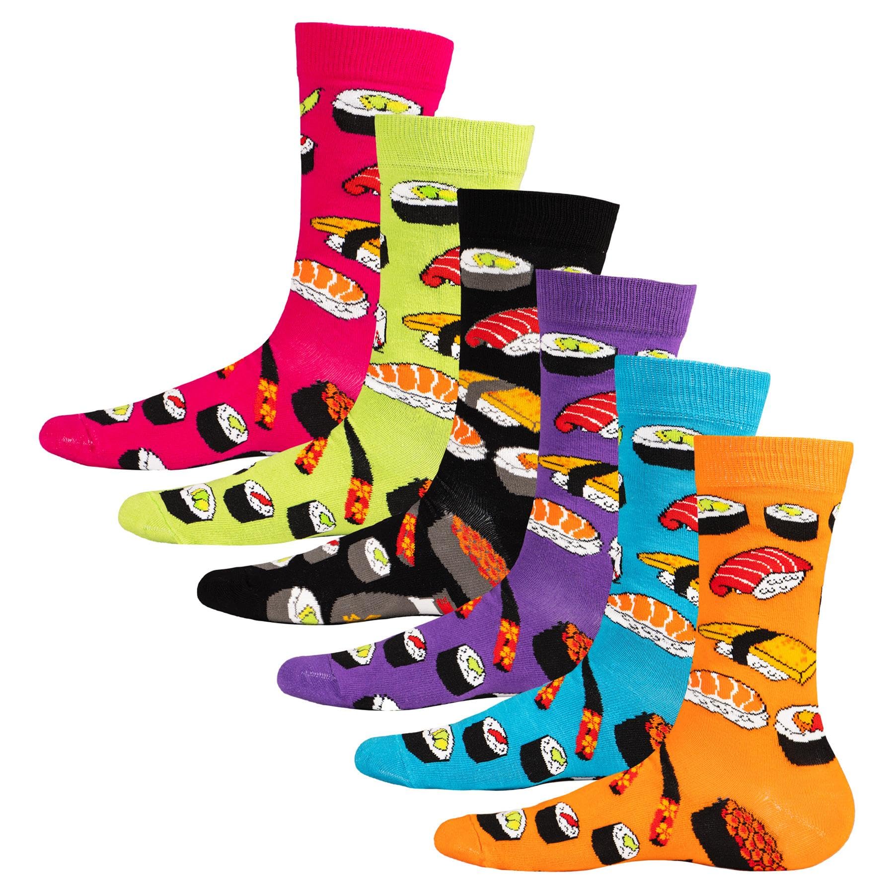Soxy Men's 6 Pack Sushi Designs Sushi Design Socks - 6 Pack - Novelty Sushi Designs - Cotton Rich Bright Assorted Colours - Uk Shoe Size 6-11