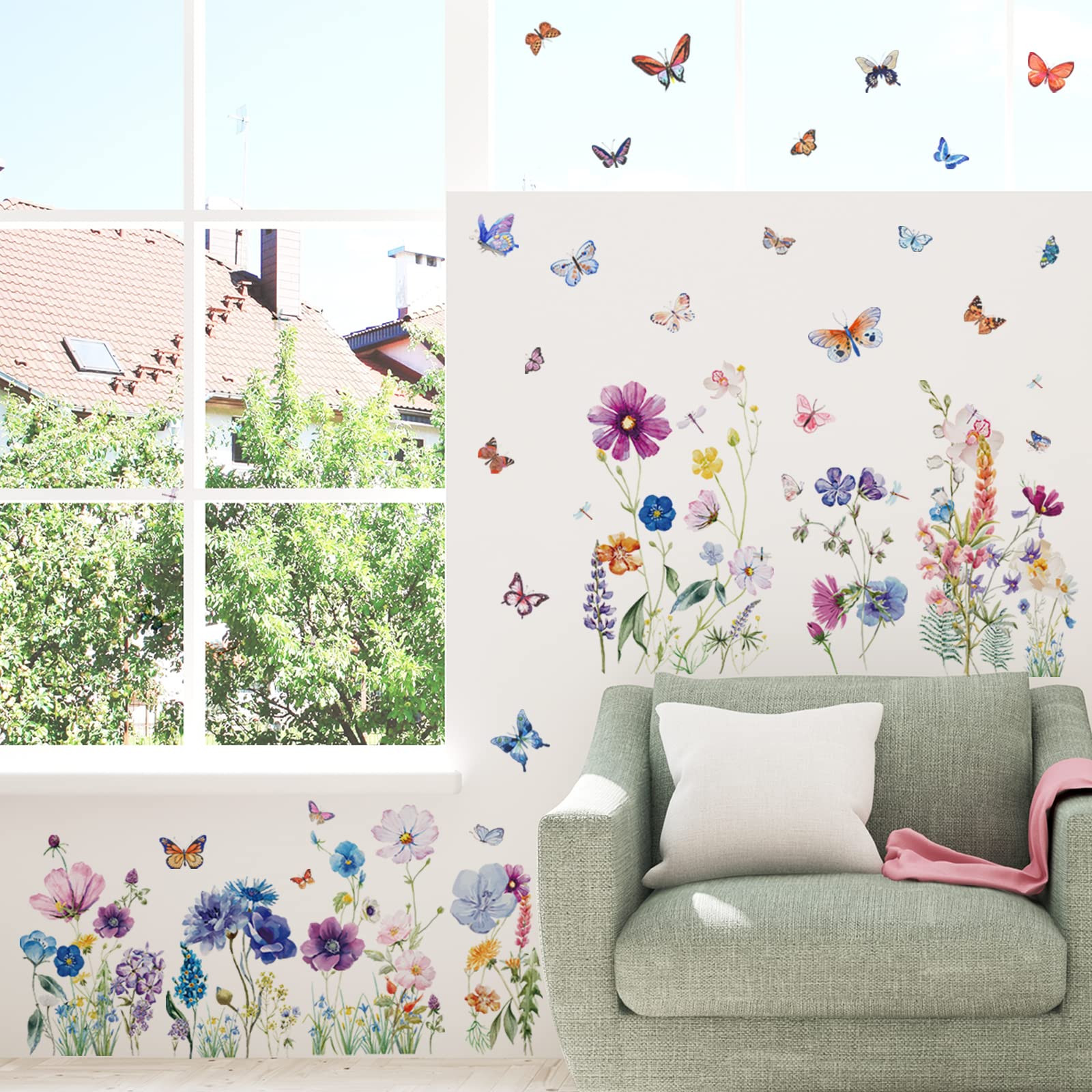 Adesivi Murali Fiori E Farfalle - Sticker Autoadesivi Rimovibili Per Pareti | Verde Piante | Decorazione Camera - Foto 8