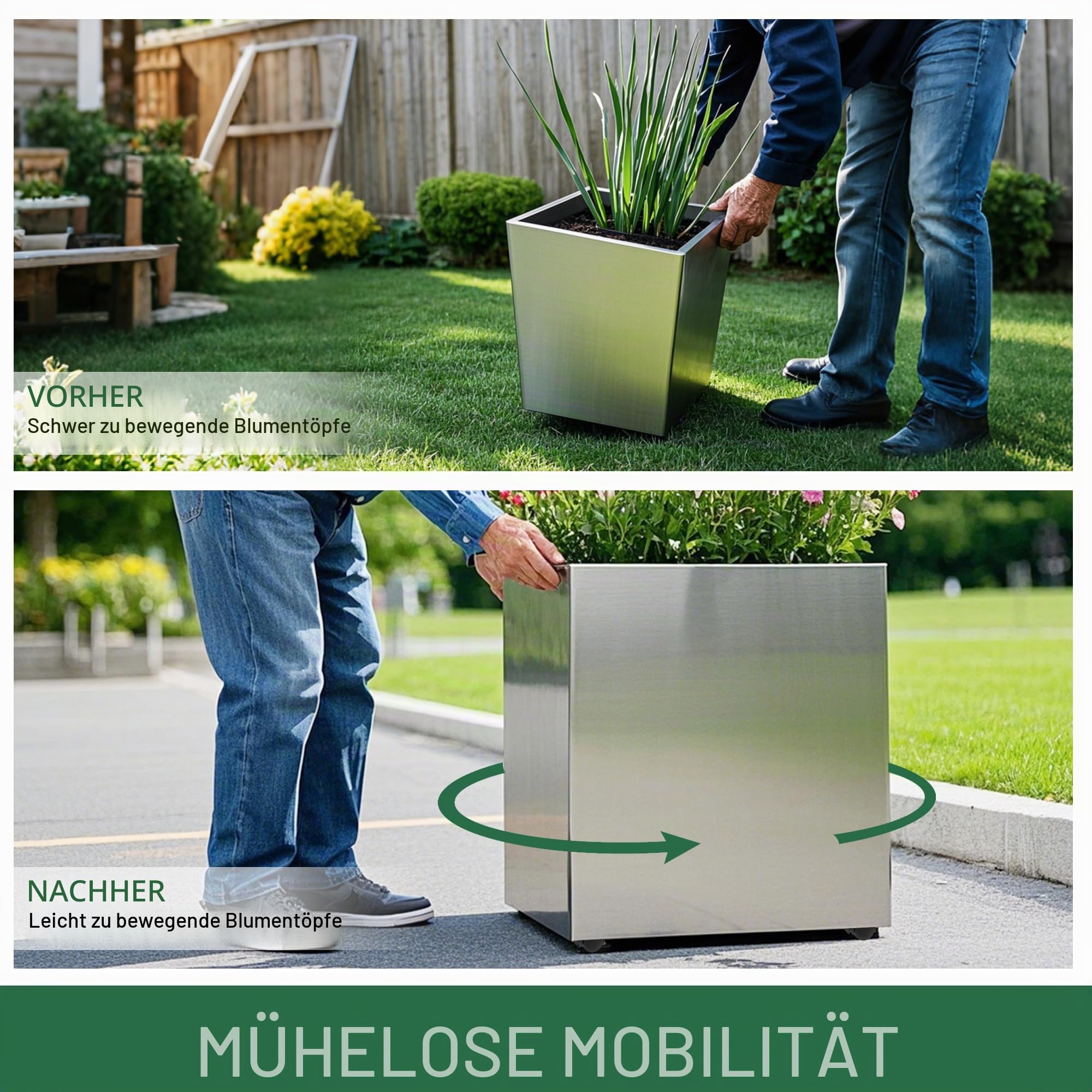 Runder Pflanzkübel aus Edelstahl mit Rollenwagen, Zwei Pflanzkübel, 25cm und 30cm, lackierte Oberfläche mit Anti-Fingerprint, leicht zu reinigen, für drinnen und draußen
