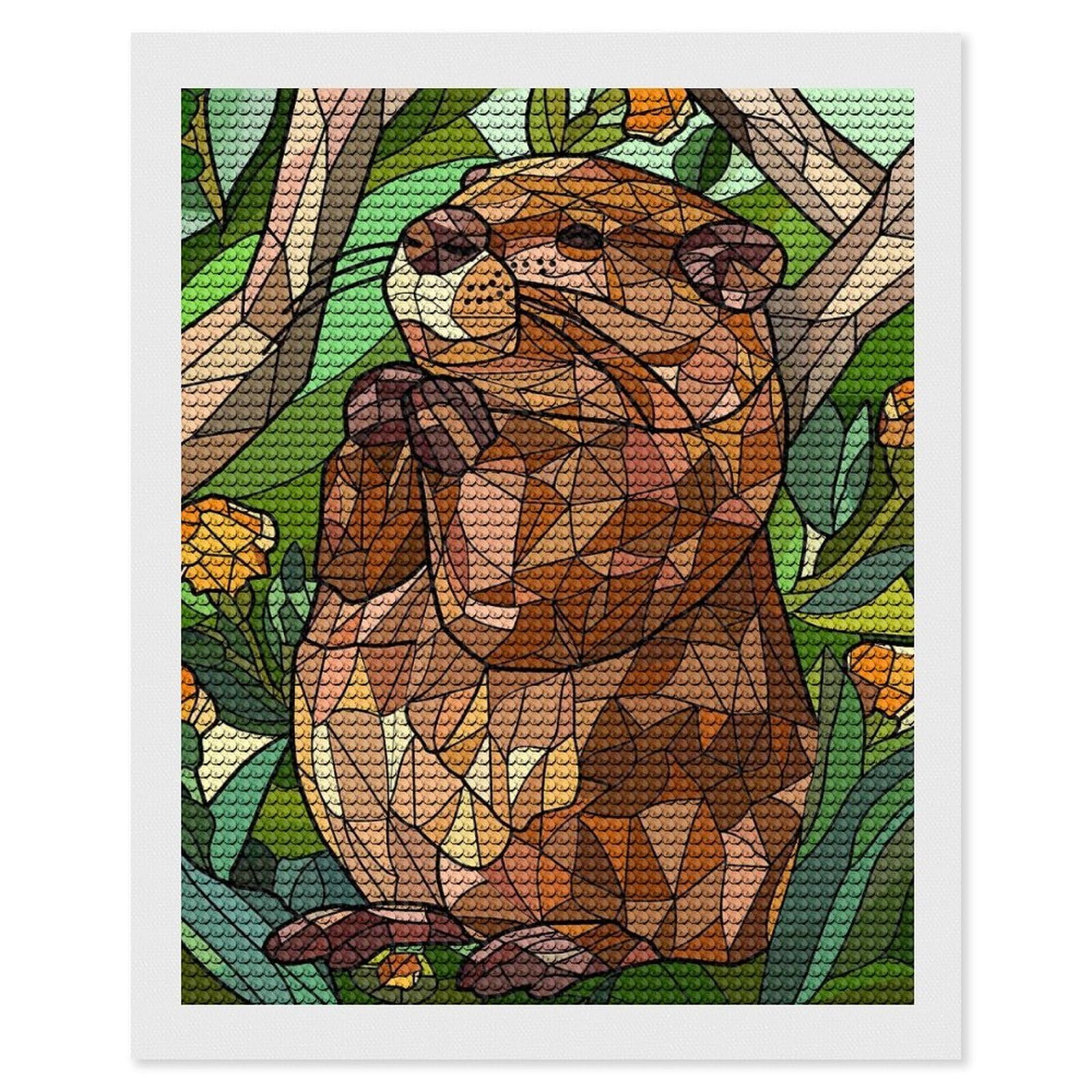Junmoney Stained Glass Groundhog in Nature DIY Diamond Art Canvas Kit 16"x20", Farmhouse Decor, Vintage Style Decor, Handmade Wall Decor, Canvas Picture
