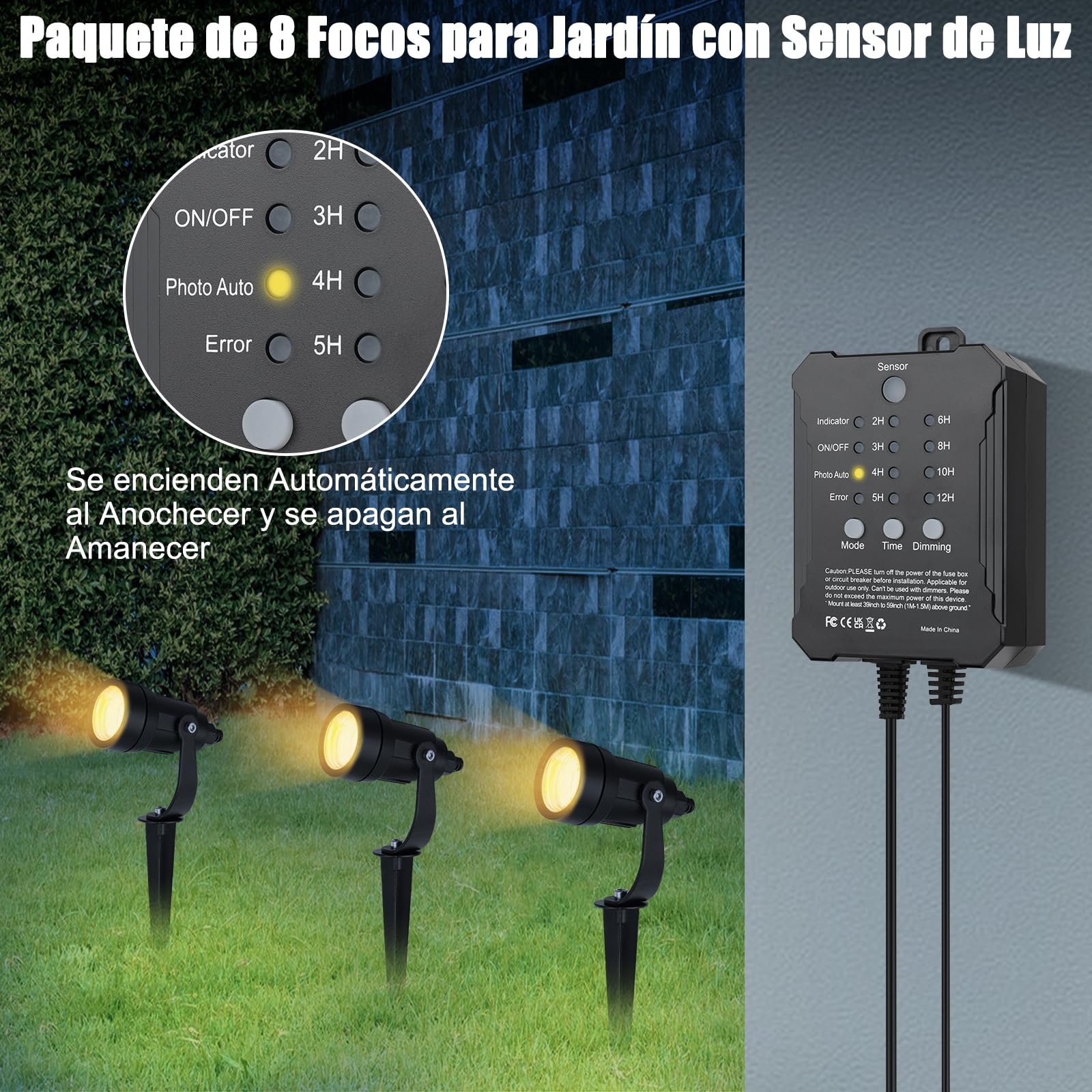 COOLWEST Luces LED Exterior Jardin con Sensor de Luz, 20M 8x5W Focos LED Exterior Blanco Cálido 3000K Impermeable IP65, 36V Lámpara de Jardín con Temporizador para Patios, Entrada de Vehículos