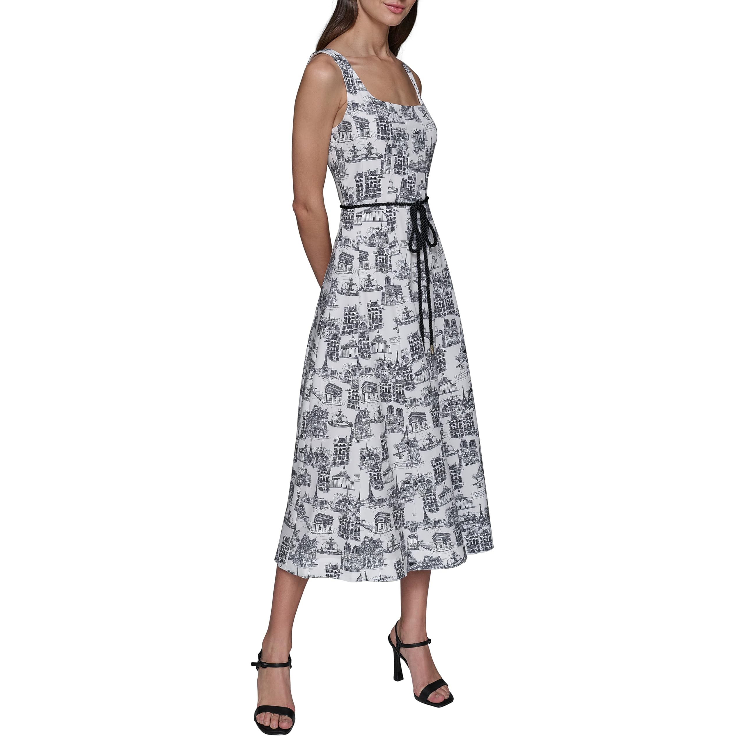 Photo 1 of KARL LAGERFELD Paris Women's Sleeveless Scoop Neck Belted A-Line Midi Dress, Soft White/Black Combo, 4