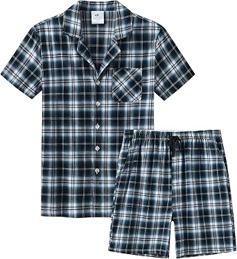 yuyangdpb Mens Pajamas Sets Shorts Woven Cotton Plaid Pj Set Button Down Sleepwear Short Set 2 Pieces with Pocket