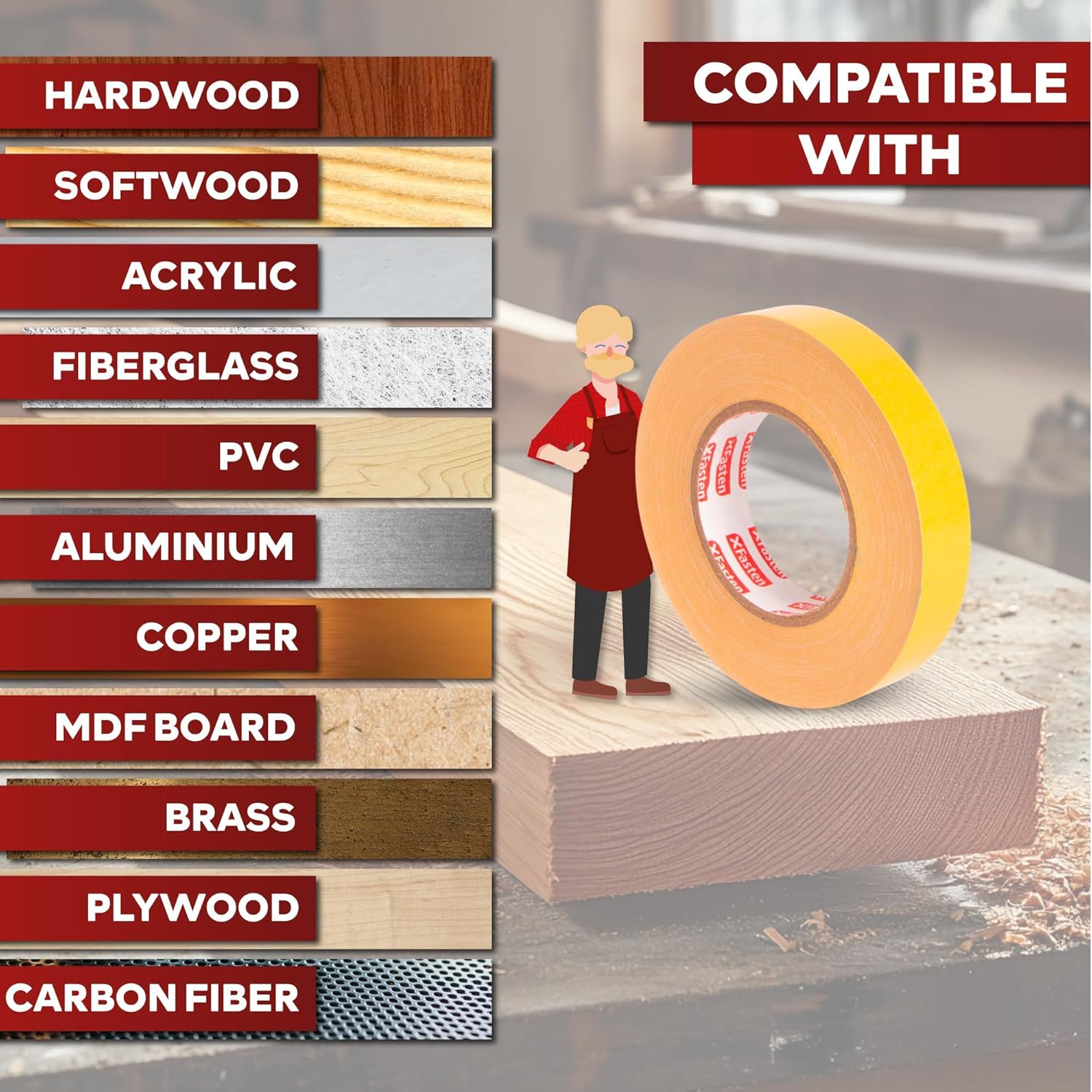 XFasten Double Sided Woodworking Tape 2 Inch x 90 Feet, Heavy Duty Residue-Free Double Sided Masking Tape for Router Templates, High Speed CNC Router, MDF Edge Banding, and Zero Clearance and Gap Cuts