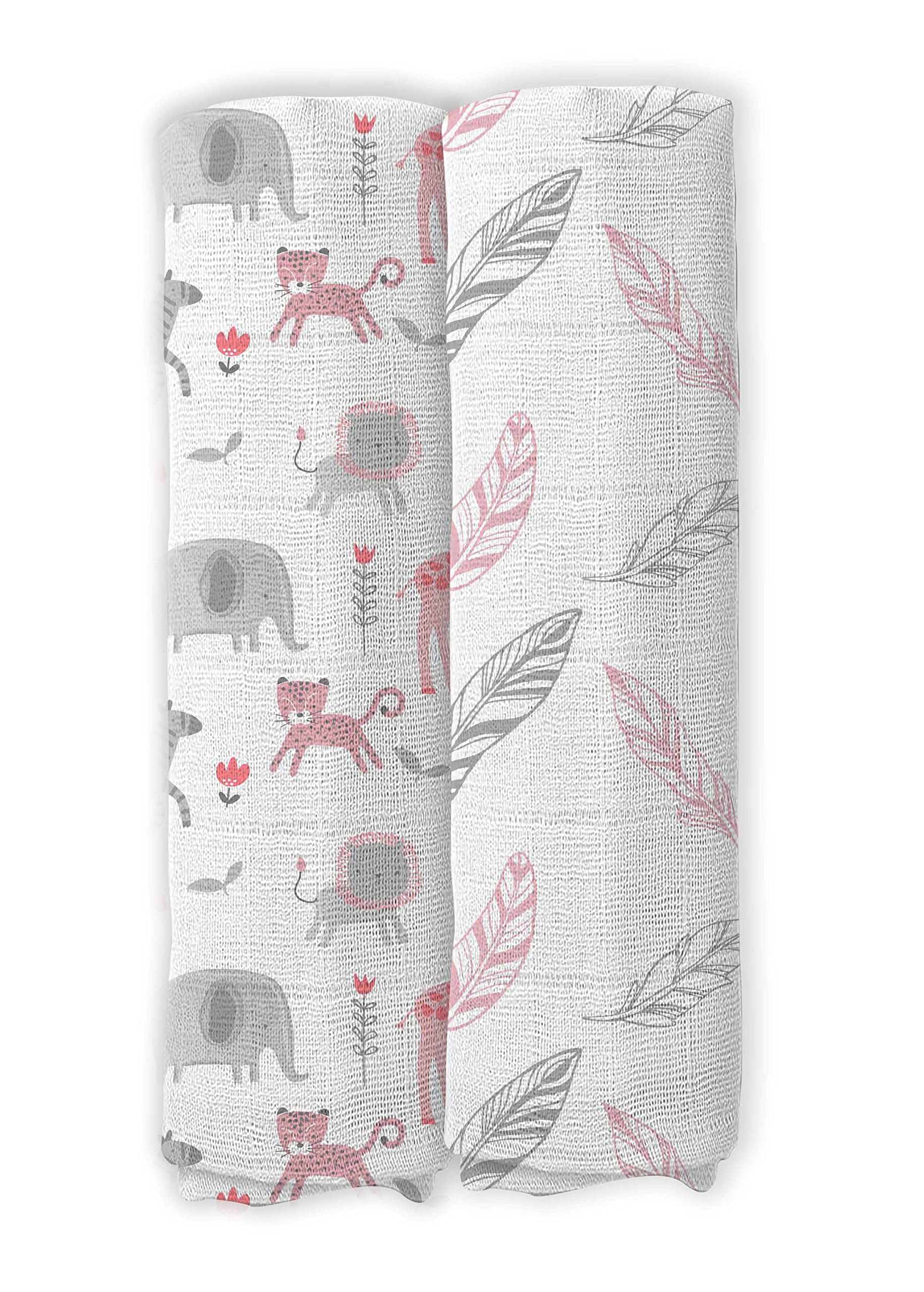 Cotonex 100% Cotton Organic Muslin Swaddle for New Born Babies Blankets at Lion, Leaf Design 100x100cm (Pack of 2) (Pink)