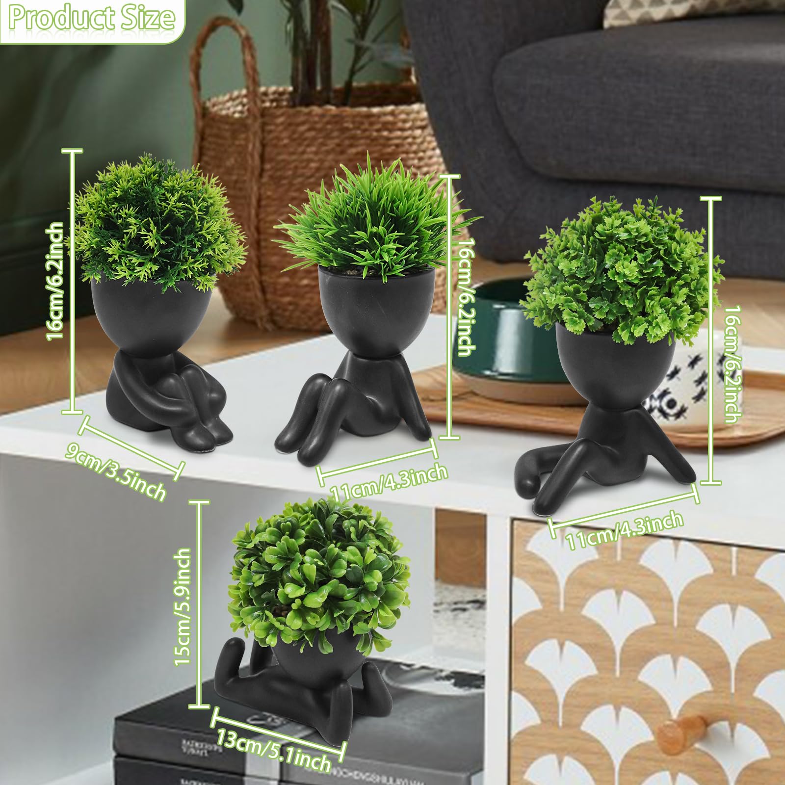 MAKHOT Niedliche künstliche Mini-Sukkulenten mit kreativen, menschlichen Töpfen, kleine künstliche Pflanzen für Regal, Schreibtisch, Tischplatte, Büro, Heimdekoration, Schwarz, 4 Stück
