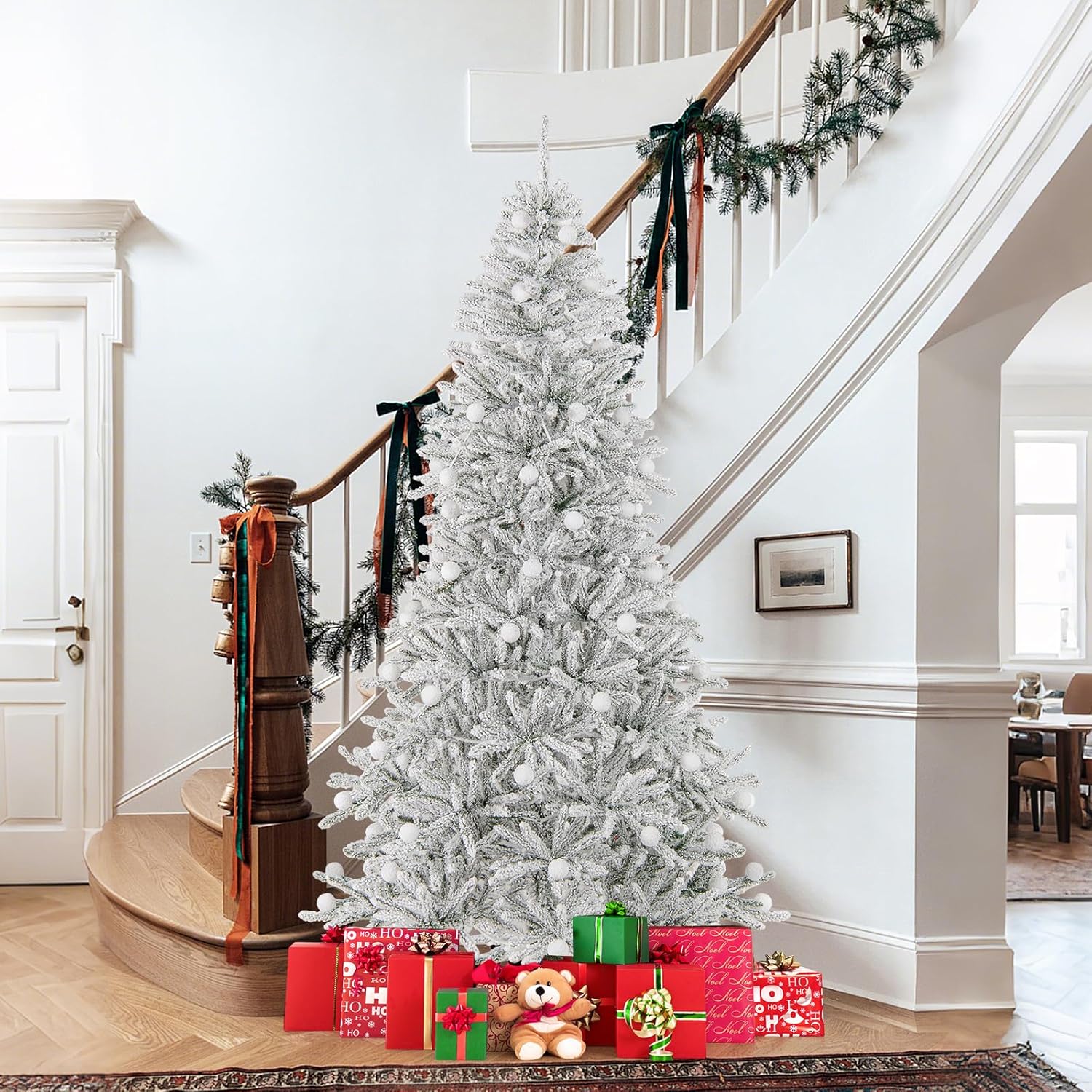 BECOMFORT 7 FT Flcoked Christmas Tree, Artificial Xmas Tree with 905 Branch Tips, 350 Warm White LED Lights & Globe Lights, 3 Lighting Modes, Remote Control & Timer, Prelit Christmas Tree for Home