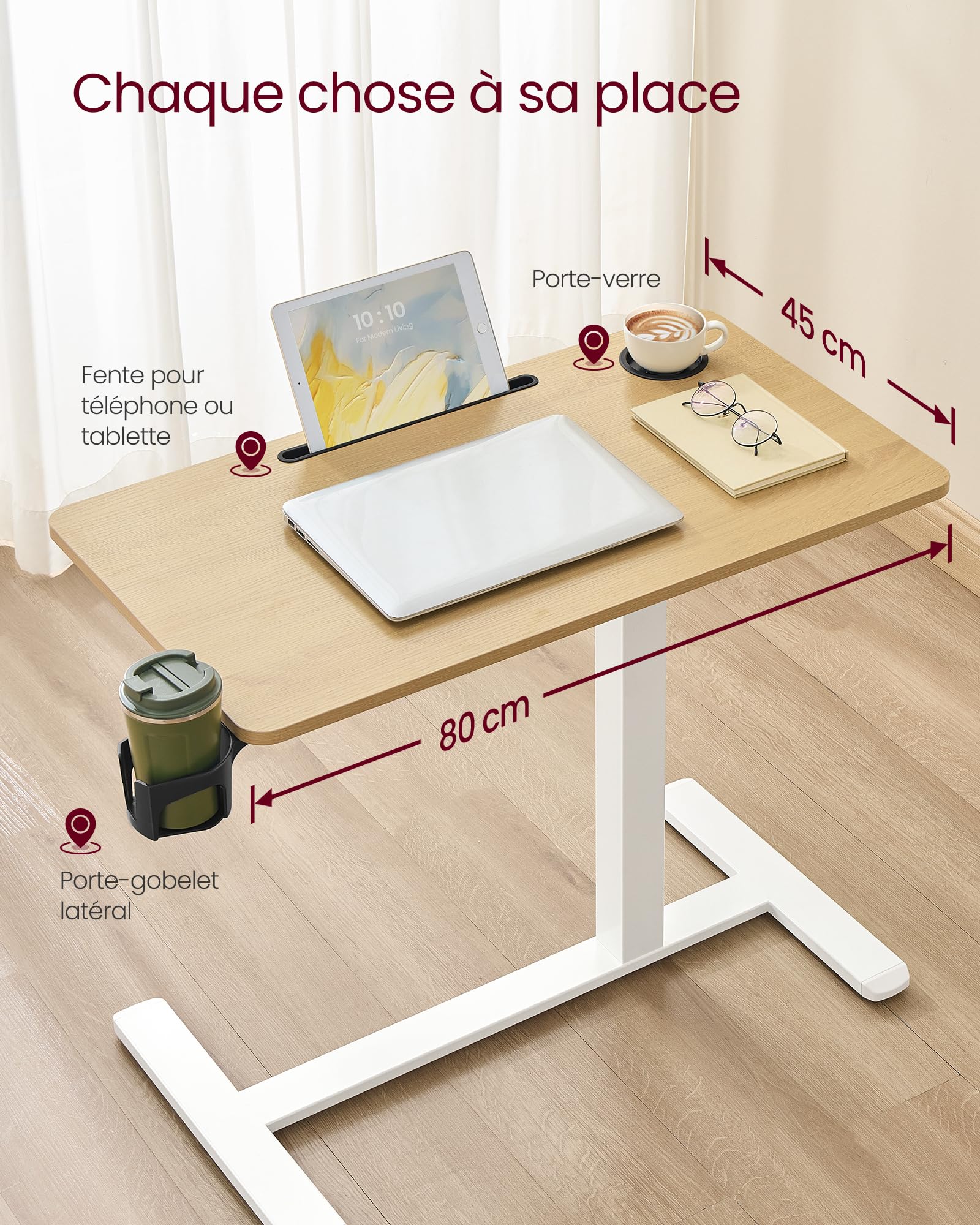 VASAGLE Bureau Assis-Debout sur roulettes, Table Réglable en Hauteur 80x45 cm, Doré Chêne