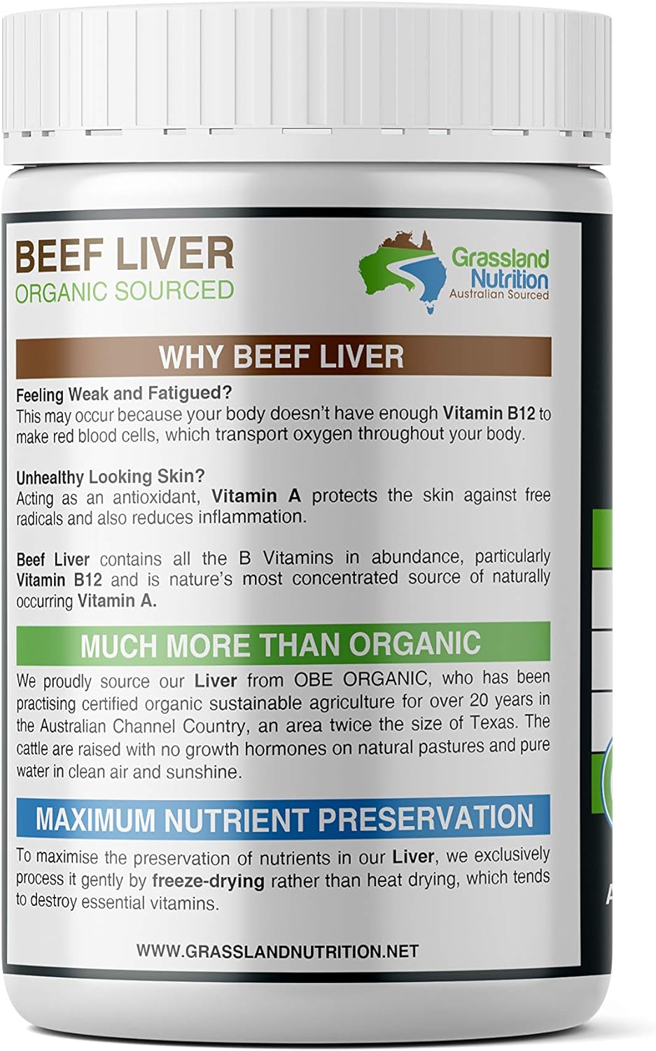 Grassland Nutrition Grass Fed Beef Liver 100% Organic Sourced — Natural B12 for Energy, Iron & Vitamin A (180 Capsules)